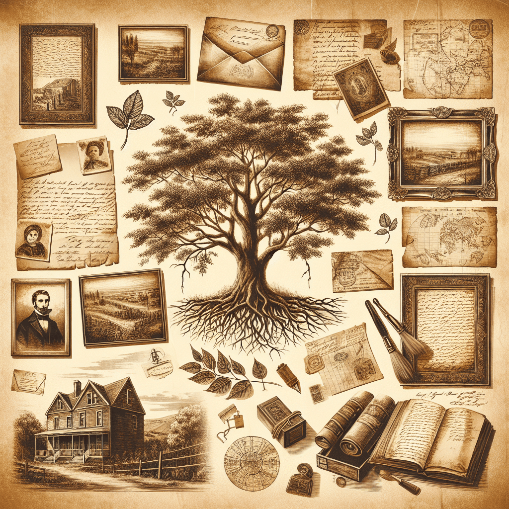 Illustrate a vintage, sepia-toned image that exudes heritage and history. The image should consist of elements such as an old family tree, vintage documents, antique maps, old handwritten letters, historical landscapes, and an old estate home. Make sure that all these elements come together to create a warm nostalgic feel, resounding with the vibe of leafing through an old family album. Kindly avoid inclusion of any text within the image or on any items, specifically avoiding any brand names or logos. Achieve a design that is reminiscent of family ancestry and genealogy without resorting to obvious textual cues.