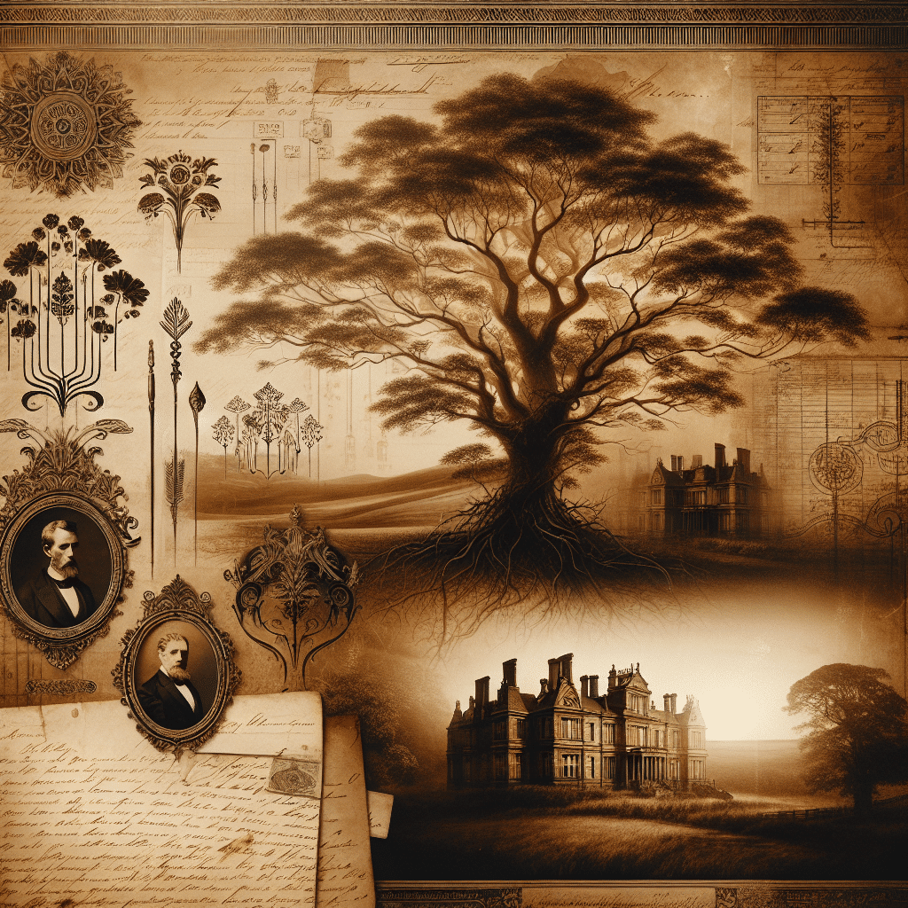 A sepia-toned and vintage styled image that emulates the essence of family ancestry and genealogy. It features elements of heritage and history such as an expansive old family tree with intricate branches that reflect generations. Alongside, there are antique documents that bear the patina of time, creating a rich layer of nostalgia. An antique map with intricate details might be seen in the foreground. Old handwritten letters in elegant script occasionally peek through, giving an impression of family correspondence over the years. In the background, there could be a depiction of a historical landscape, serene and untouched by time. Lastly, the silhouette of an old estate home, symbolizing the family foundation, could be tucked away in the distant landscape. The entire scene is devoid of any text, brand names, or logos, creating an heirloom-like visual journey into a family's lineage.