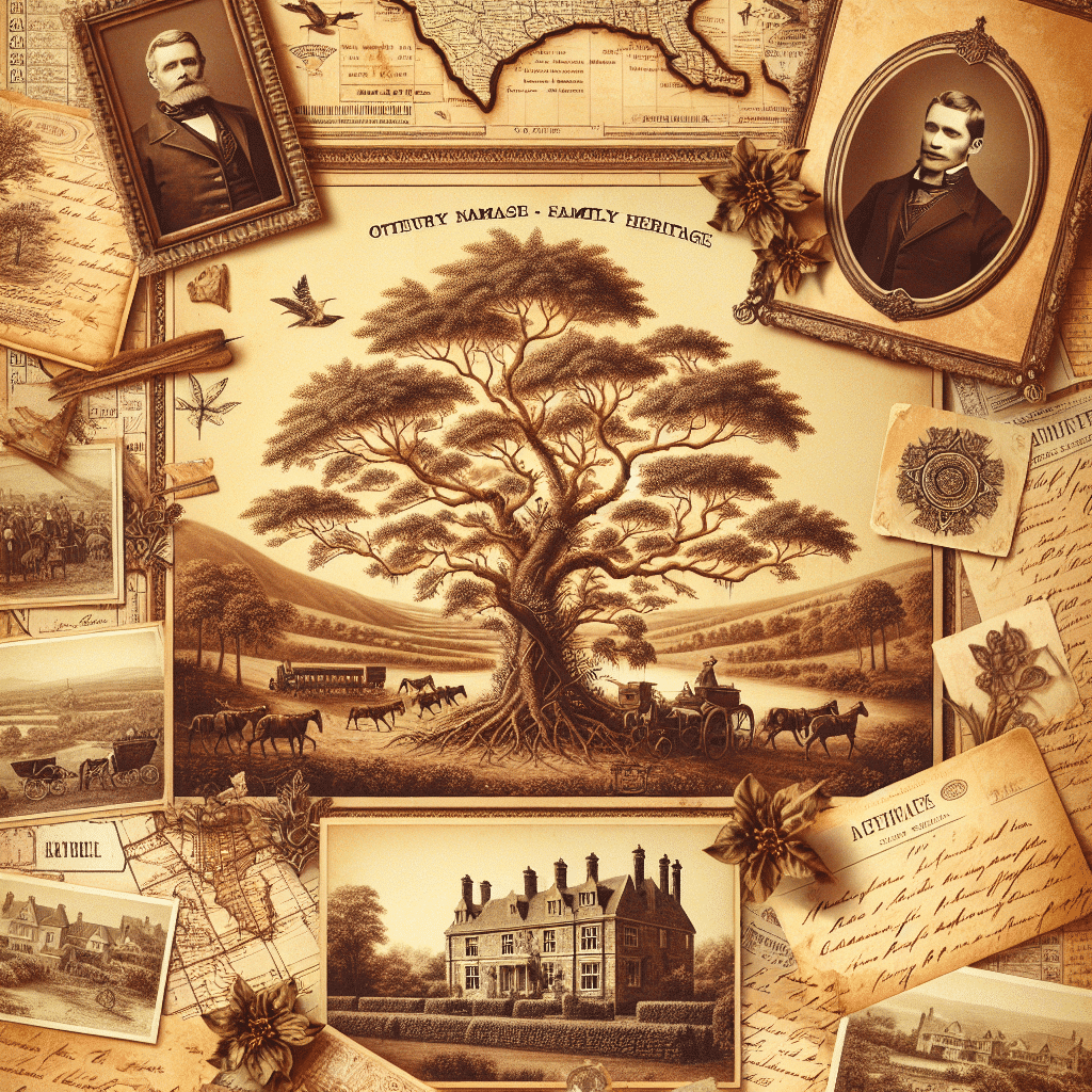 Generate an image in a vintage, sepia-toned style that encapsulates the feeling of family heritage and history. The image should contain elements such as an ancient family tree, vintage documents without any text or logos, antique maps devoid of labeling, and historic landscapes. Additionally, include old handwritten letters while ensuring they are free of visible text, or images of age-old estate homes. The overall ambiance of the image should be warm and nostalgic, akin to perusing through an ancient family album. Make sure the image does not have any brand names, logos, or any form of text even on the depicted items.