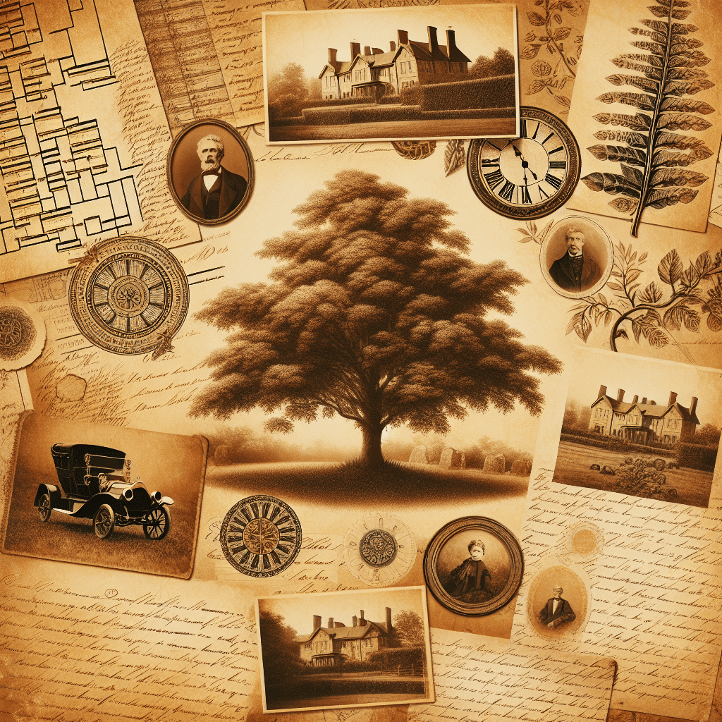 Illustrate a vintage, sepia-toned image that suggests the theme of family ancestry and genealogy. The picture should include elements such as old family trees free from typewritten text, antique documents without any legible text, aged and unmarked geographical maps, old handwritten letters with their wording obscured, historical landscapes, and old estate homes. Please imbue the image with a warm, nostalgic feel, akin to browsing through an antiquated family album. It should effectively communicate heritage and history. Please ensure no on-page text, brand names or logos are featured in the resulting graphic.
