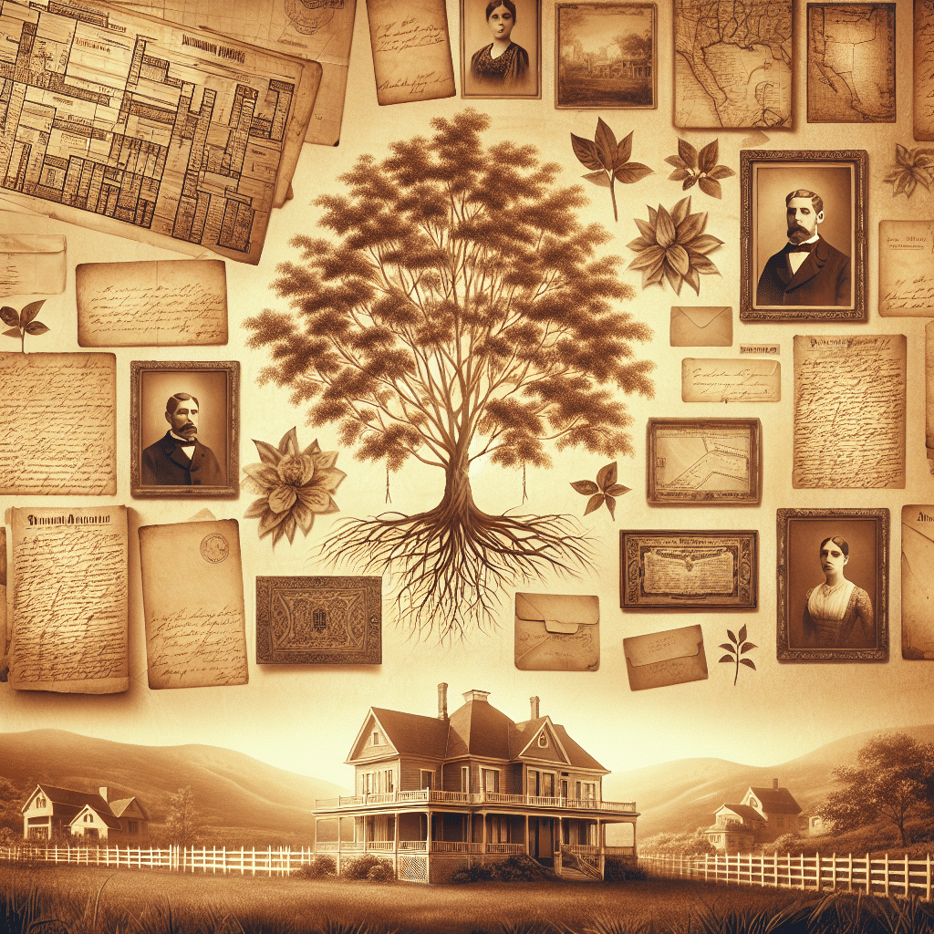 Create a sepia-toned image depicting various elements related to family ancestry and genealogy. The scene should include a detailed old family tree, vintage documents untouched by text, antique maps, old handwritten letters without discernible text, and historical landscapes. Add elements of an old estate home, giving it a nostalgic look, akin to leafing through an old family album. The image should be reminiscent of a vintage-style portrayal, evoking a sense of heritage and history with a warm, nostalgic feeling. Ensure that no modern elements, text, brand names or logos are included in the image.