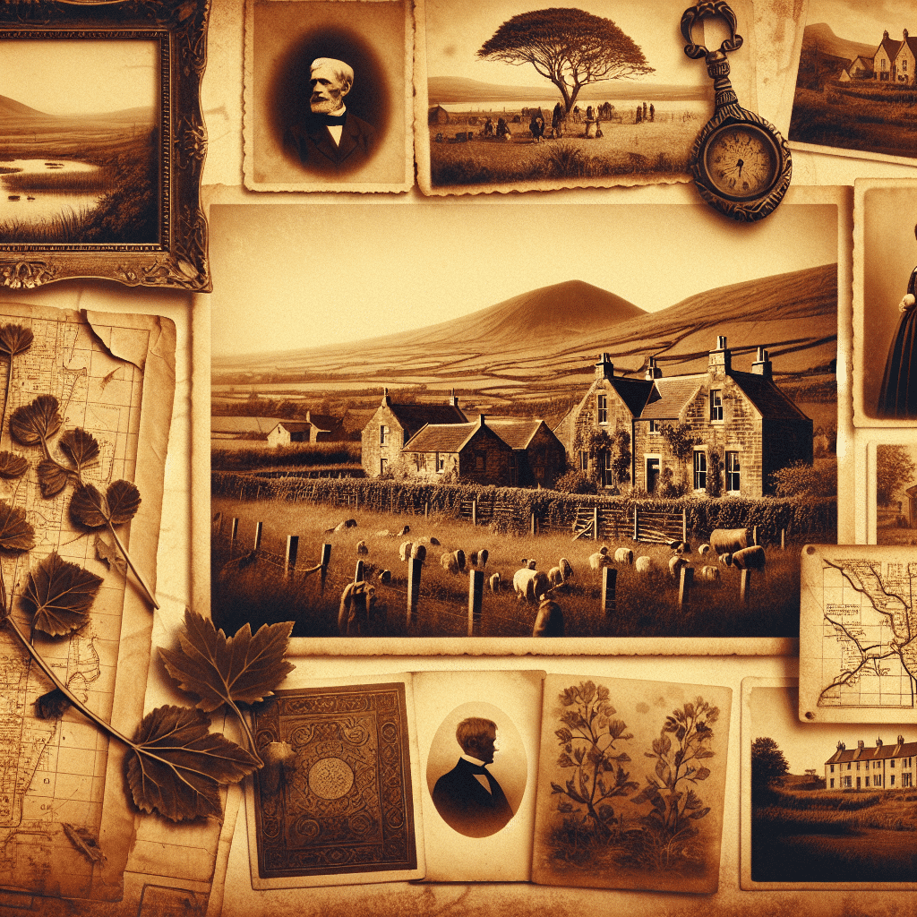 Generate a vintage, sepia-toned image that captures the theme of ancestry and genealogy. The image should incorporate scenes from a historical landscape and an old estate home, both encapsulating a sense of heritage. It should include features like an aged family tree, antique manuscripts, and vintage maps, all presented with a warm nostalgic feel implying a look through an old family album. All these components should be devoid of any textual content, brand names, or logos, giving an overall sense of history and heritage.