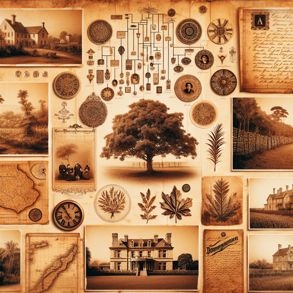 Create a vintage, sepia-toned collection of objects and scenery for an article about family ancestry and genealogy. The image should evoke a feeling of heritage and history, with a feeling of nostalgia echoing an old family album. Include symbolic items such as intricate, detailed family trees, vintage documents filled with compositional writings, antique maps showing geographical diversity, old handwritten letters with script style calligraphy, historical landscapes depicting rural or urban settings from centuries past, or old estate homes showing architectural evolution over the years. All items should appear with warm, nostalgic sepia tones inline with historical imagery. Make sure the image is devoid of any text, brand names or logos, focusing solely on the historical and familial elements presented.