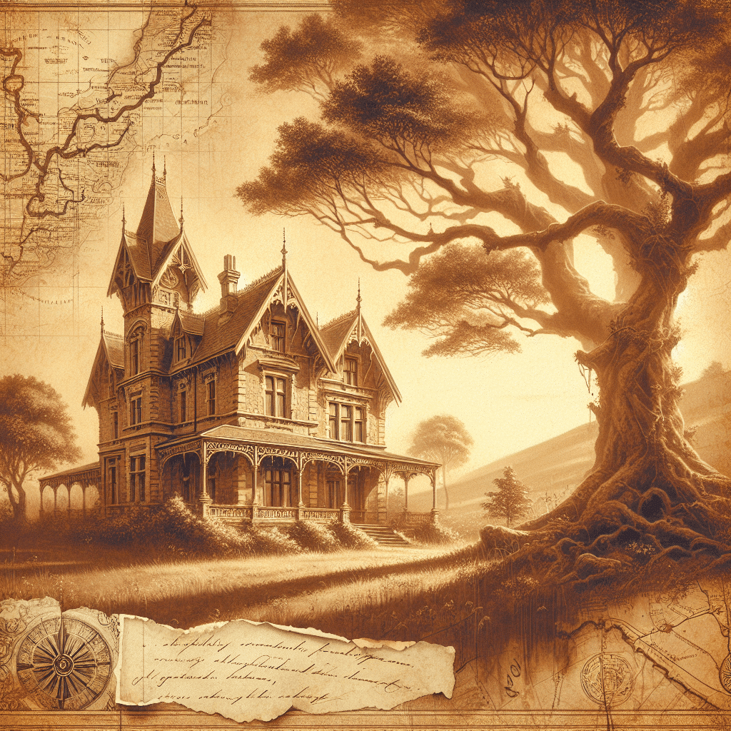 Generate a vintage, sepia-toned image without any text within, imbued with the warm nostalgia of leafing through an old family album. Picture elements of genealogical interest - carefully preserved family trees that branch out, showing generation after generation; weathered documents that narrate tales of ancestry; antique maps showcasing forgotten lands, marked with ancient geographical features. Imagine beautifully scripted, old handwritten letters filled with long-lost stories and family secrets. Envision historical landscapes depicting the passage of time, perhaps an old estate house standing proudly amidst lush greenery, radiating a sense of heritage and history. Be sure not to include any brand names or logos.