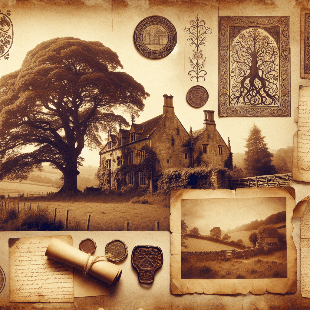 Create a vintage, sepia-toned image which radiates nostalgic warmth and a profound connection to heritage and history. The prompt can include notable elements such as intricately drawn ancient family trees, weathered antique maps and vintage documents. Convey a feeling of immersion in the past with historical landscapes - perhaps verdant pastures around a stone facade of an old estate home nestled under a sprawling big tree. Consider including ephemera like old handwritten letters, scrolled and sealed with a wax stamp. Each component of this artwork should contribute to the overall atmosphere of discovery and reminiscence as in leafing through an old family album. Ensure all elements are free from text, brand names, and logos.