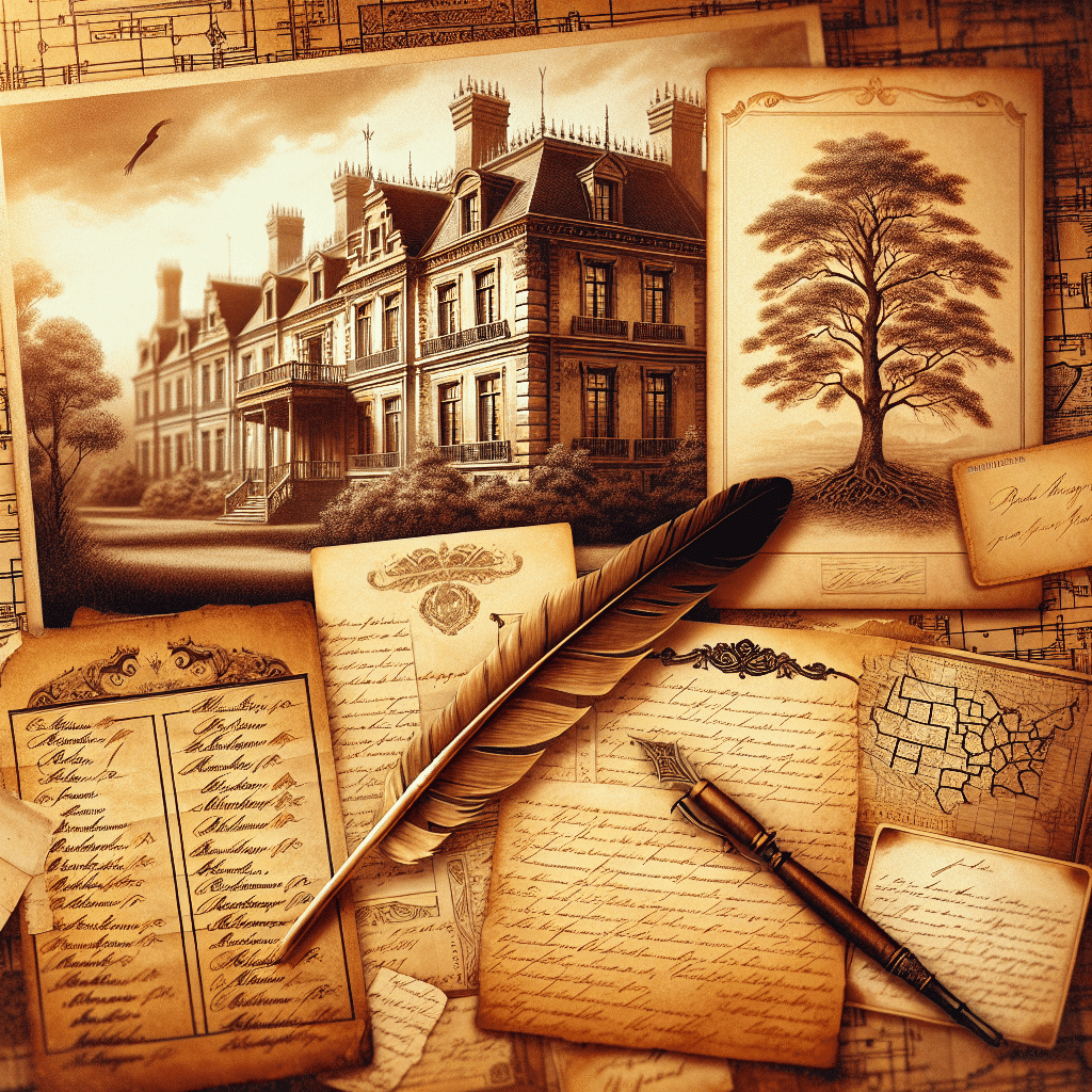 An image in a warm, sepia-tone that takes us back in time, encapsulating a feeling of history and heritage. The scene includes elements related to genealogy and family history, specifically within the context of African-American ancestry. The image should feature an old, handmade family tree, detailed yet worn vintage documents, maps from centuries ago showing unmarked territories, and letters handwritten with an antique quill. The background sets a historical landscape with old, grand estate homes providing a sense of ancestral lineage. No text should be visible on any elements in the image. The overall atmosphere must be nostalgic, akin to leafing through an old family album, though no specific brands or logos are to be included.