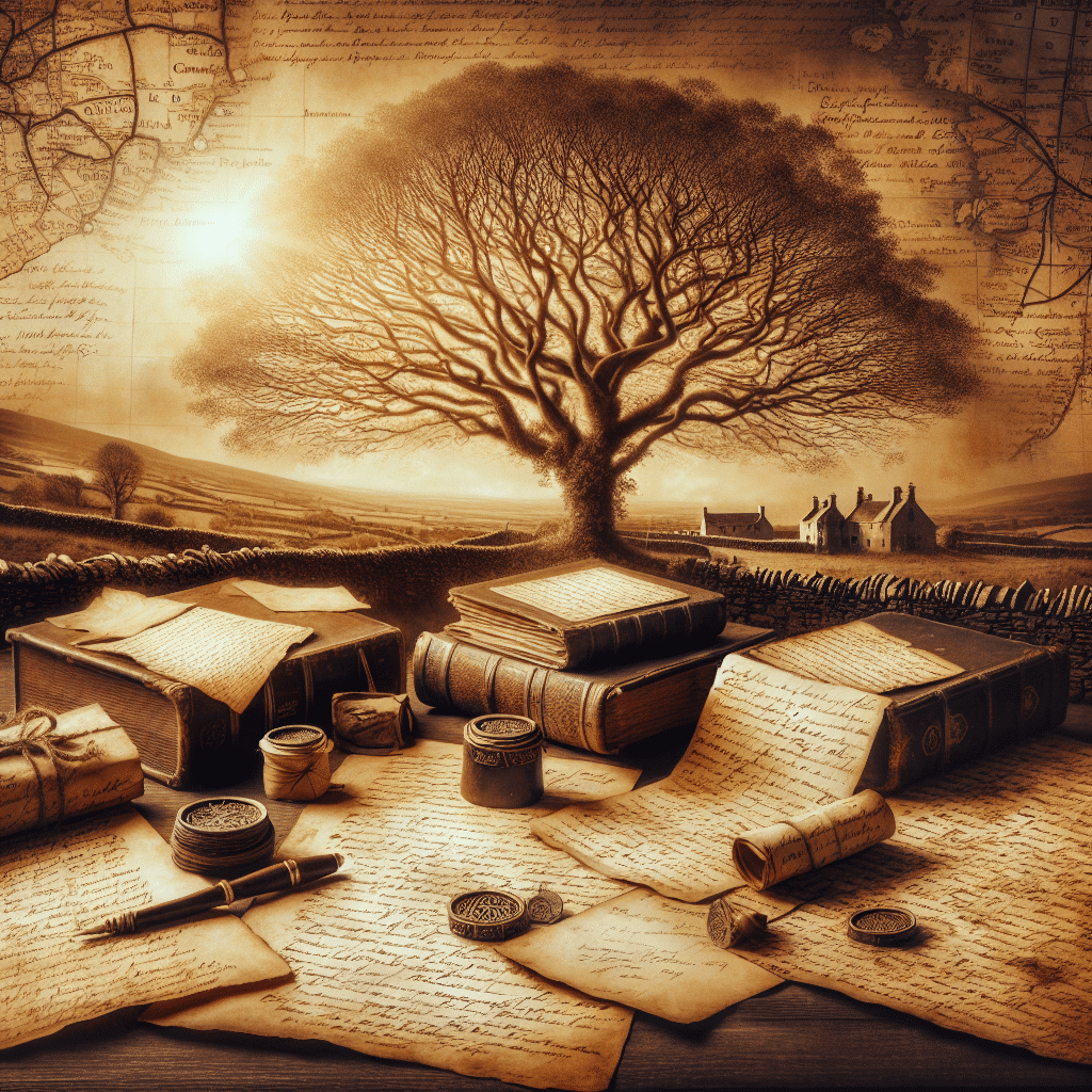 Create a vintage, sepia-toned image capturing the essence of Irish American family history and heritage. The scene should encompass elements that hint towards genealogy including an intricate old family tree, with faint symbols of branching lineages, antique documents scattered around, filled with unidentified writings, an aged map of Ireland and America, showcasing the ancestral journey. Include well-kept old handwritten letters delicately closed with a wax seal, emphasizing the communication at the time. The background should ideally be a panoramic view of historical landscapes, rolling green hills, or old estate homes. The entire scene should evoke a warm nostalgic feeling, calling to mind flipping through an antiquated family album. Make sure the image has no text, brand names, or logos, to maintain its timeless appeal.