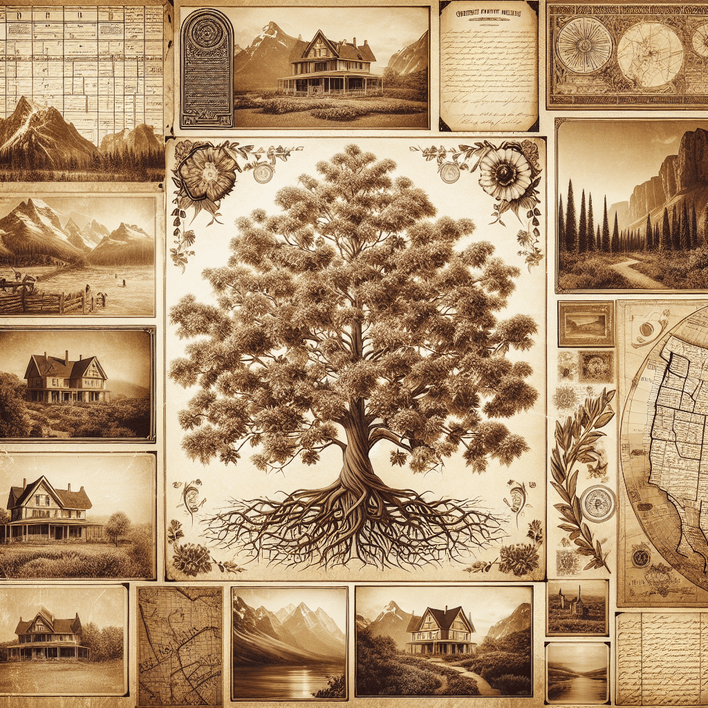 Generate a detailed image that encapsulates the concept of family heritage and genealogy, specifically targeting the sentiment associated with the Simmons family lineage. The image should be rendered in sepia tones to bring about vintage vibes. Include elements such as an intricate old family tree, vintage scrolls or documents devoid of text, antique maps with no specific geographical features, old handless letters, historical landscapes indicative of various eras, and old estate homes. The overall aesthetic should radiate a sense of nostalgia and warmth, akin to perusing through an old family photo album. Ensure that no text, brand names, or logos are visible in the image.