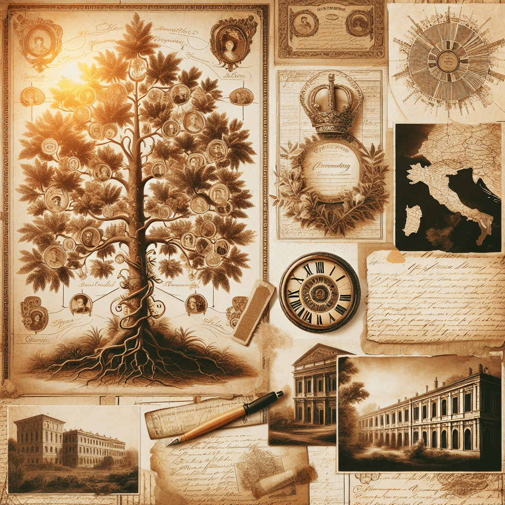 Create an image with a vintage, sepia-toned aesthetic that communicates the concepts of family ancestry and genealogy, specially tied to an Italian American family heritage. In this image, include visual elements symbolic of genealogy like an elaborately drawn old family tree, aged documents that appear to be from past centuries, well-worn antique maps of Italy and America, and faded handwritten letters from yesteryears. Also depict historical landscapes characterized by architectural structures like old estate homes. Render these elements with an overall warm, nostalgic feel, akin to leafing through an aged family album. Exclude any form of text, either standalone or on items in the image, as well as any identifiable brand names or logos.