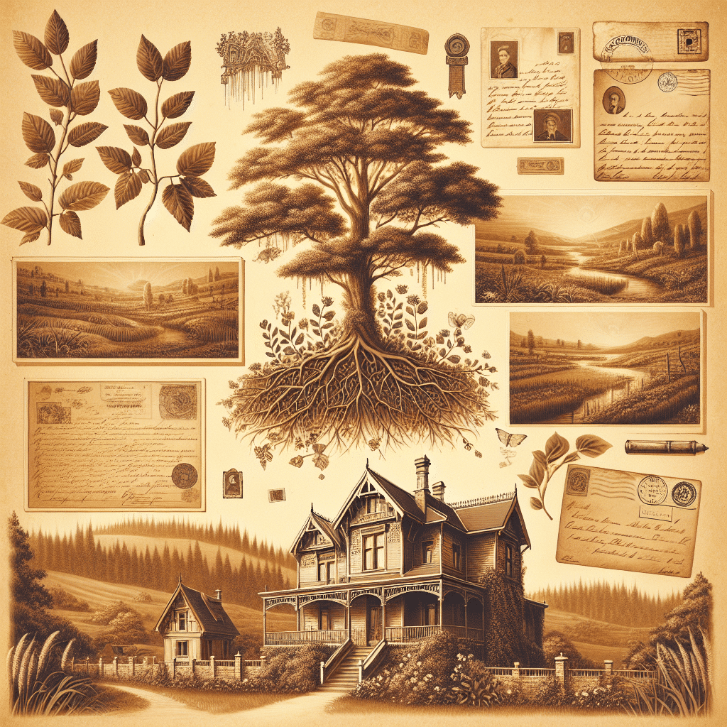 Generate a vintage image with a sepia tone that conveys the concept of family ancestry and genealogy. The illustration should feel like browsing through an old family album, full of history and heritage. Imagine an intricate old family tree, manually written letters aging, antique maps showing family destinations in the past, period landscapes with verdant nature, and vintage estate homes themselves akin to museums of family history. Make sure no text is present in the image or objects. Also, ensure no brands or logos appear. Remember, this image should invoke a feeling of nostalgia and warmth.