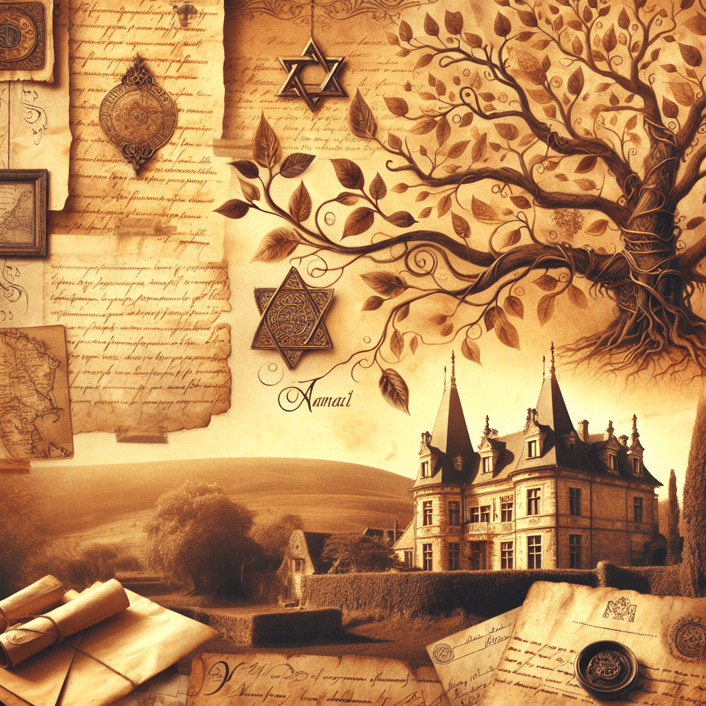 Create a nostalgic, vintage image in sepia tones that carries a sense of heritage and history, associated with Jewish American family ancestry. The scene will be filled with elements such as a rich, elaborate family tree with intertwining branches, aged parchment documents filled with script, ancient maps with intricate geographical details, faded handwritten letters sealed with wax, and historical landscapes featuring old manor homes nestled in sprawling landscapes. The warmth of the image should remind one of leafing through a well-worn family album. No text, brand names, or logos should be embedded within the image.