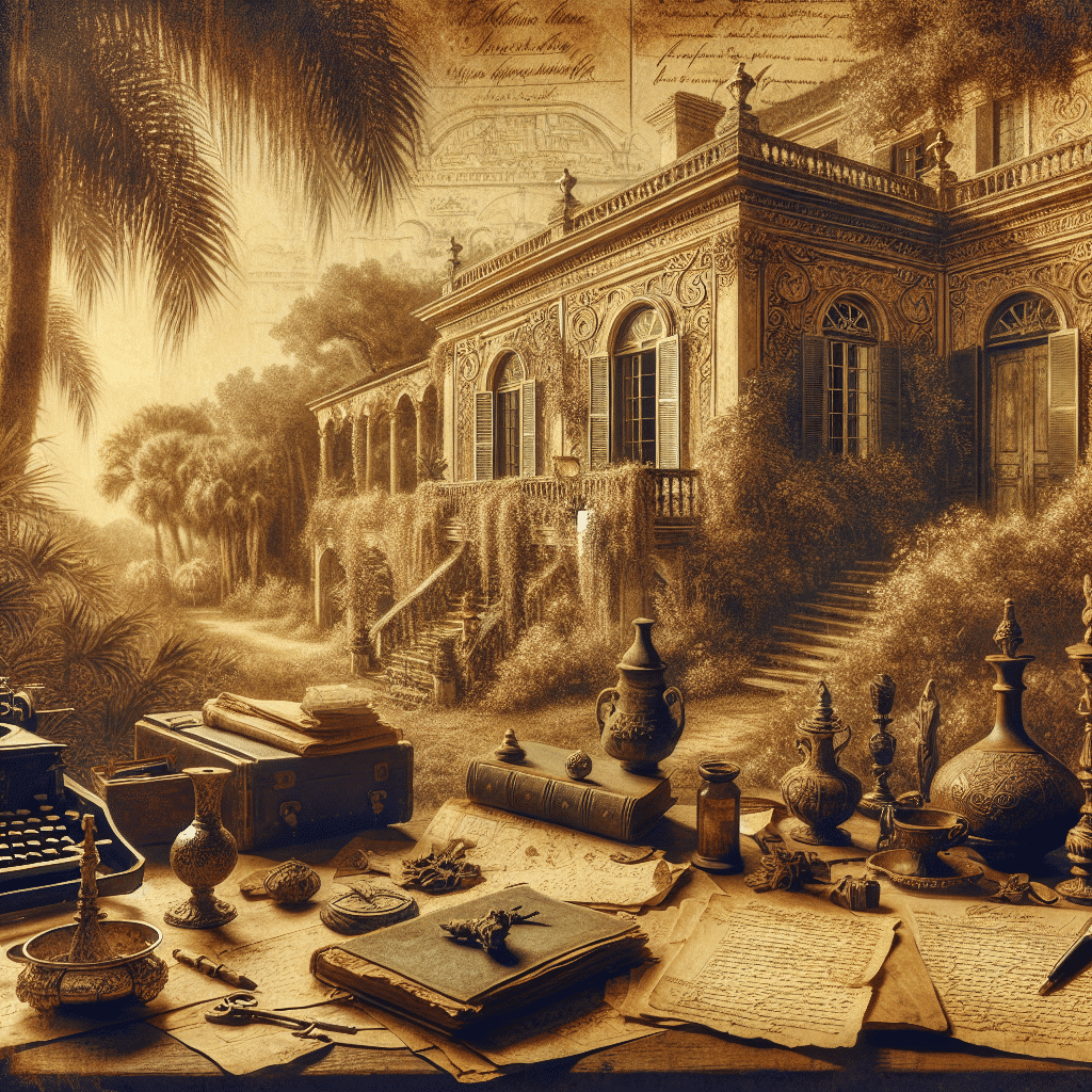 Create a vintage, sepia-toned image that evokes a feeling of heritage and history. The scene should feel like exploring an ancient family album. Populate the image with elements that hint at the passage of time, such as old family trees, wilted documents, antique maps, and handwritten letters. Portray historical landscapes and capture the grandeur of old estate homes. To underline the theme of Hispanic and Latino ancestry, incorporate elements like traditional decorative objects or architectural styles from Spanish and Latin American cultures. The image should not contain any written text, brand names or logos. Do not return any narrative text within the image.