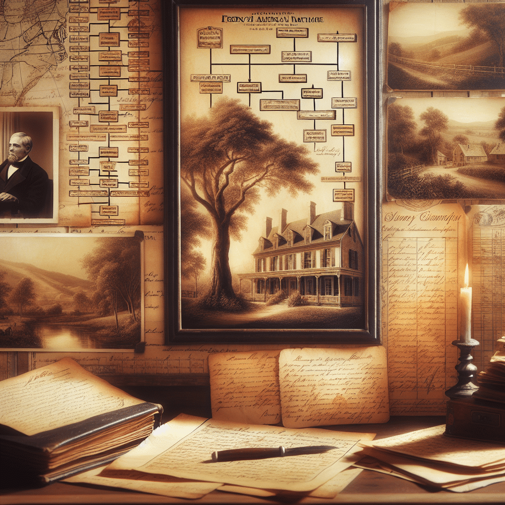 Generate a vintage, sepia-toned image evoking family ancestry and genealogy. The scene should embody elements reminiscent of French American heritage and history. The image should feature visual elements such as an intricate family tree crafted with antiquated design, vintage documents arrayed neatly on a worn table, antique maps with markings highlighting the connection between America and France, handwritten letters seemingly from centuries ago, historical landscapes depicting rolling hills or pastoral scenes, and a glimpse of an old estate home indicative of the era gone by. Everything in the scene should exude a warm nostalgic feel, much like leafing through an old family photo album, without any text, brand names, or logos evident.