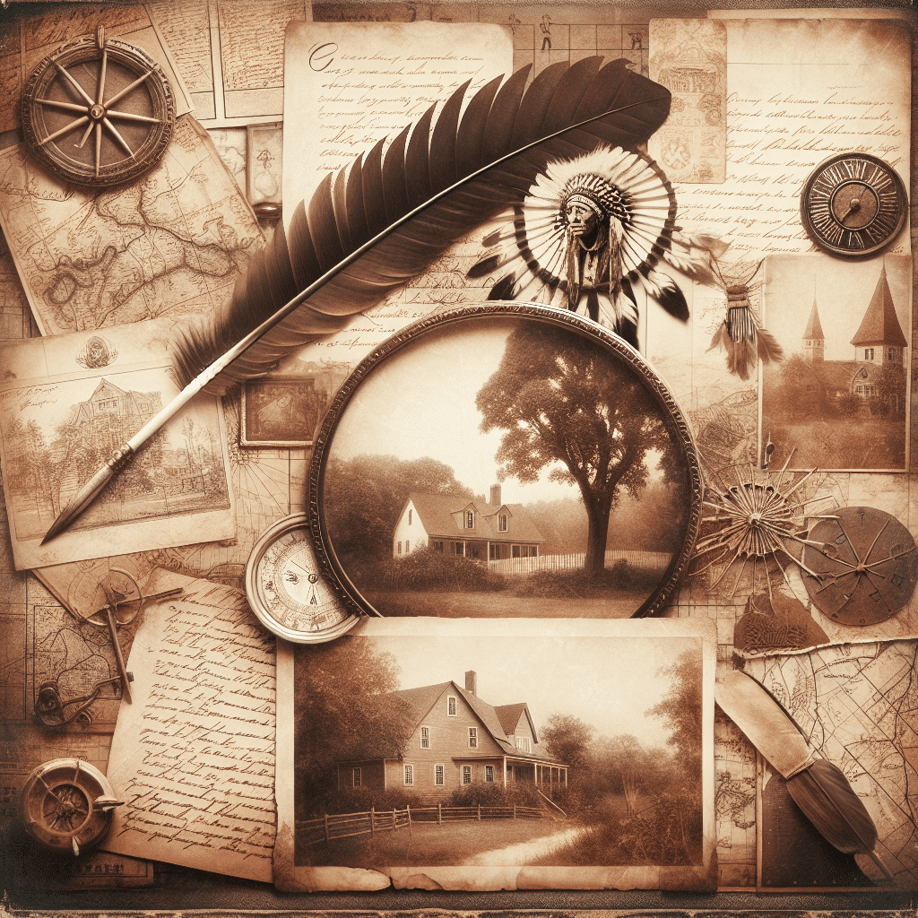 Craft a vintage, sepia-toned image that is reminiscent of family ancestry and genealogy. The scene should evoke feelings of heritage and history, mimicking the warmth and nostalgia associated with browsing through an old family album. Envision elements like aged family trees, ancient documents, antiquated maps, old handwritten correspondences, historical landscapes or old estate homes. These should provide an implicit, non-textual nod towards Native American ancestry and heritage. There shouldn't be any visible text, brands, or logos. The image as a whole should convey an ancestral journey, rich with heritage and deeply rooted in history.