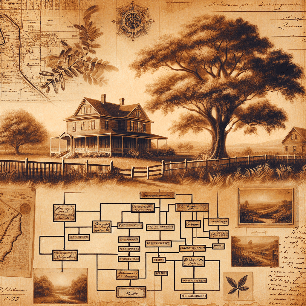 Generate an antique-style, sepia-toned painting that depicts a sense of family lineage and history. The main subjects should include a vintage family tree diagram, old-fashioned documents possibly related to land ownership or immigration, antique-looking maps, handwritten letters, and historical landscapes indicative of different era. Also include elements such as an old estate home, perhaps with sturdy oak trees nearby. The overall atmosphere should convey a sense of nostalgia and warm reminiscence, akin to the feelings one experiences when perusing through an old, cherished family album. Ensure that the painting is void of any textual information, brand names, or logos.