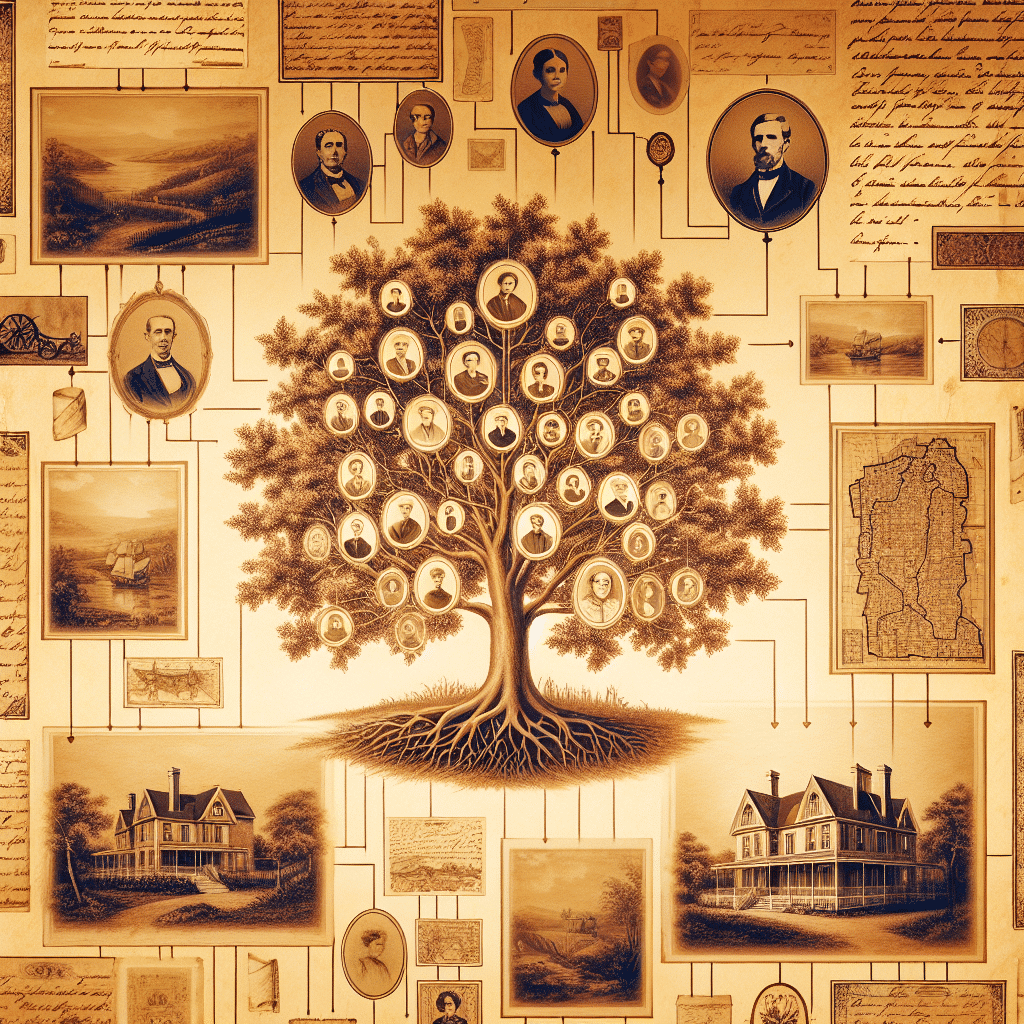 Generate a sepia-toned, vintage-styled illustration representing the concept of family ancestry and genealogy. The image should encompass aspects such as a well-detailed family tree, vintage documents without text, antique maps with no brand names or logos, old handwriting mimicking letters without discernible words, vivid historical landscapes, and possibly, a grand old estate home. Ensure that the overall image conveys a warm nostalgic feel of perusing through an old family album, filled with rich heritage and history.