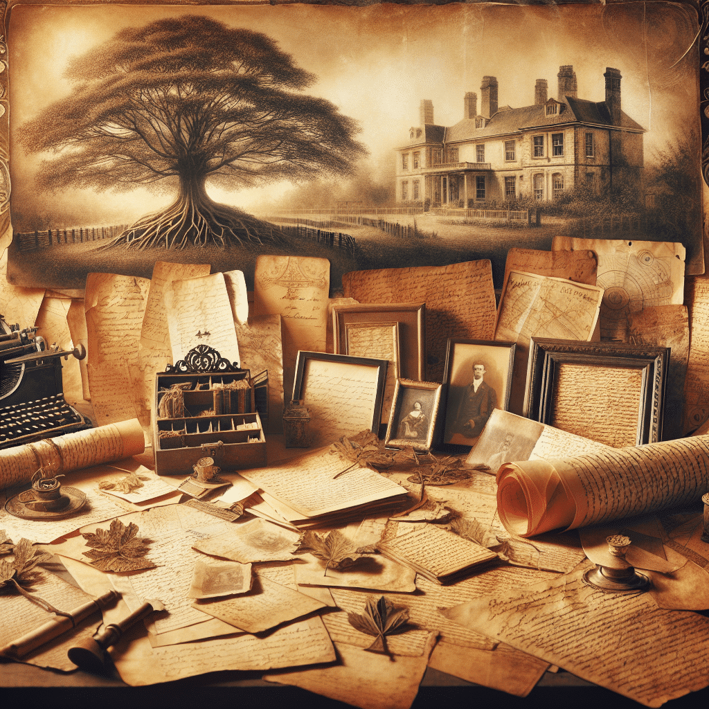 Create a vintage, sepia-toned image that evokes a feeling of history, ancestry, and genealogy, reminiscent of browsing through an old family album. The scene displays a collection of elements representative of family history: an intricate family tree, vintage documents scattered around, antique maps unrolled, and time-worn handwritten letters. In the background, there are faint impressions of historical landscapes, grand old estate homes making the atmosphere filled with rich heritage. All these elements are rendered without a single piece of text, brand names, or logos, further enhancing the nostalgic mood of the image.