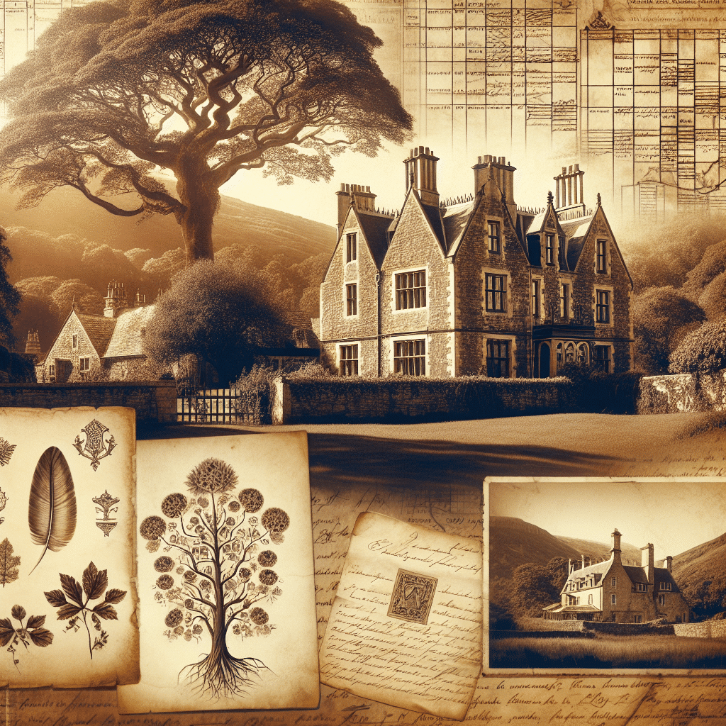 Create a vintage-style, sepia-toned image evoking feelings of heritage and history in relation to the context of family ancestry and genealogy. The image should feature elements such as old family trees rendered with intricate details, vintage documents filled with lines of information, antique maps showcasing different geographical areas, and old handwritten letters full of narratives to be told. Historical landscapes should make an appearance with their lush greeneries and rustic buildings, as well as old estate homes exuding majestic and timeless elegance. All elements should work together in giving the image a warm nostalgic feel, similar to looking through an old family album. Make sure to exclude any form of text, brand names, or logos within the image.