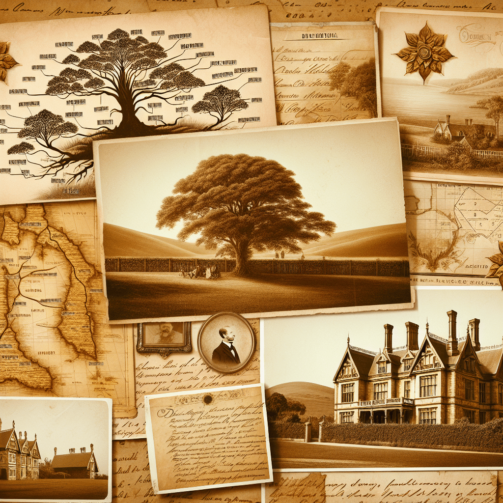 Create a vintage, sepia-toned image representative of family ancestry and genealogy. To evoke a feeling of heritage and history, the focus should be on elements like old family trees that might be intricate and filled with names, vintage documents which are yellowed with age and visibly worn, antique maps with old fonts and geographical details, old handwritten letters that are lovingly preserved, historical landscapes showing pastoral scenes or distant cities, and old estate homes with regal facades and sprawling gardens. All these should give a warm, nostalgic feel, reminiscent of looking through an old family album. Remember, no text should be included within the image itself or on any items within the image. Also, the image must be free from any brand names or logos.