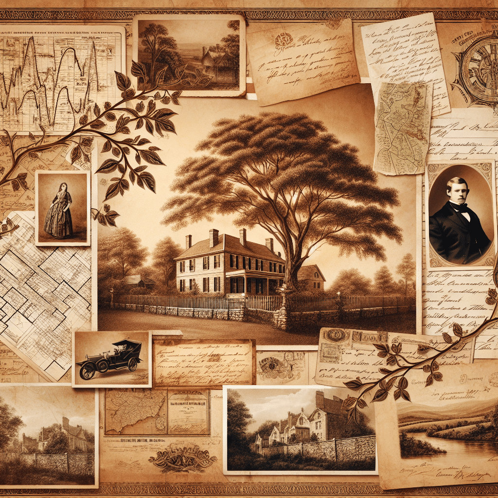 Create a sepia-toned, vintage-style image that encapsulates the theme of family heritage and genealogy. The image should contain elements such as an aged family tree with hand-drawn branches, antique documents with intricate borders, old-world maps with geographic details, and handwritten letters with ink seeping through the paper. Include historical landscapes depicting rural imagery and grand estate homes signifying the passage of time and ancestral lineage. The whole scene should be imbued with a warm, nostalgic ambiance, reminiscent of looking through an old family album. Ensure no text, brand names, or logos appear within the image.