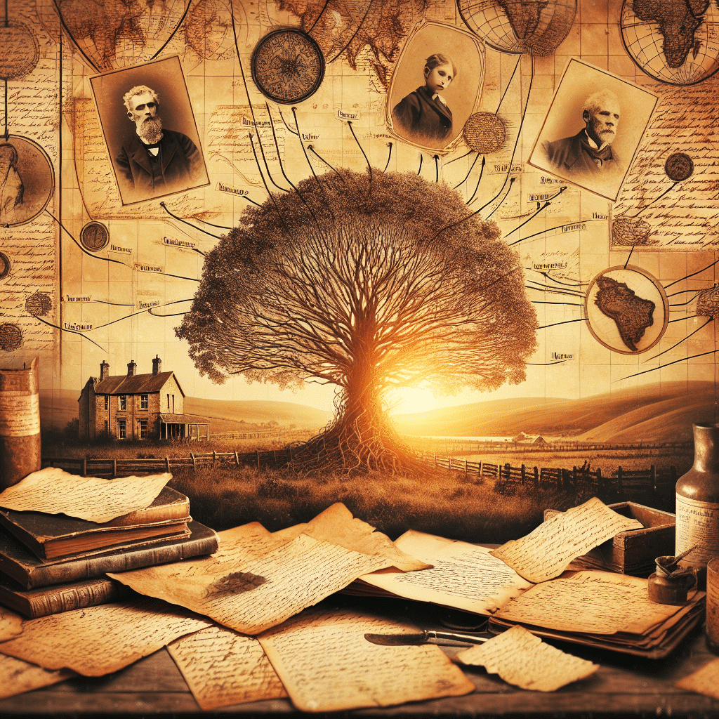 Generate a vintage, sepia-toned image that tells the story of family ancestry and genealogy. In the center, there should be an old, intricate tree suggesting the concept of a family tree. Surrounding the tree, include vintage documents filled with illegible handwriting. Scatter around some antique geographic maps, implying the movement of this family across the globe. In the background, present a historical landscape – rolling hills, a setting sun, and an old estate home tucked away in the corner. The overall composition should feel like thumbing through an old family photo album - warm, nostalgic, and infused with an air of heritage and history. Make sure not to include text within the image or any brand names or logos.
