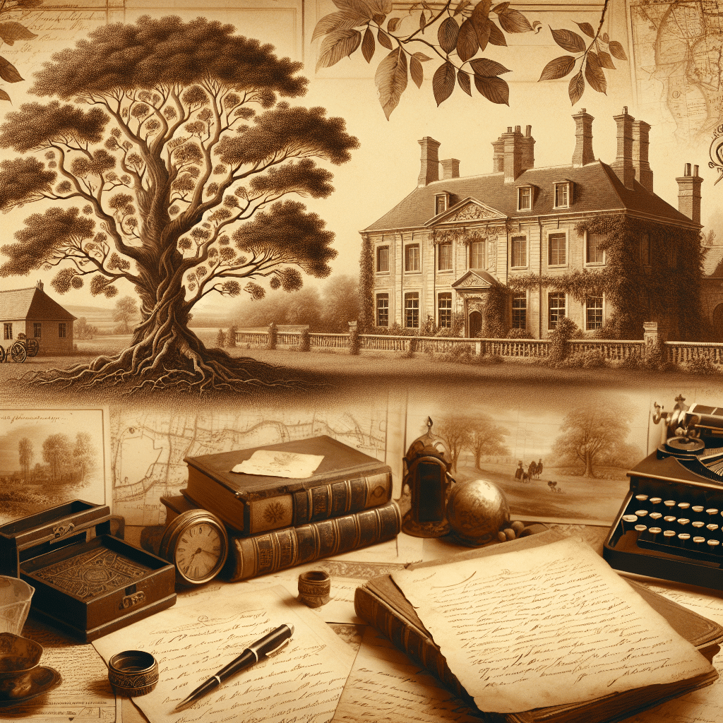 Generate a vintage, sepia-toned image that encapsulates the theme of family ancestry and genealogy. The scene should evoke a sensation of heritage and history. Imagine, for instance, an old family tree with intricate drawings of branches, aesthetically aged documents scattered about, an antique map punctuating the background, old handwritten letters with flowing script, serene historical landscapes, and a grand old estate home as the central piece. All these elements should be captured using sepia tones to provide a warm nostalgic feel, as though one is perusing through an old family album. There should be no text within the image or on any of the said items. Brand names and logos should be notably absent.