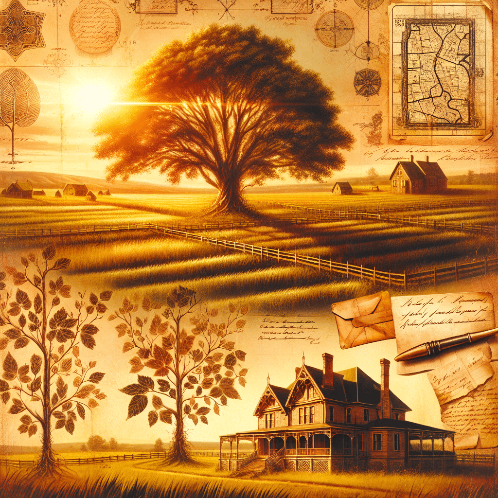 Generate a vintage, sepia-toned illustration that captures the essence of family ancestry and genealogy, without the use of textual elements. The image should convey a deep sense of history and heritage, akin to a journey into an old family album. It should contain elements typical of genealogical research such as intricate family trees, vintage documents without textual content, antique maps with nondescript geographical features, old handwritten letters sealed but not opened, and historical landscapes depicting verdant fields under a setting sun. Additionally, consider incorporating elements of old estate homes, capturing the grandeur and nostalgia associated with them. Ensure the image reflects the warm nostalgia evoked by exploring family history, and is devoid of any brand names or logos.