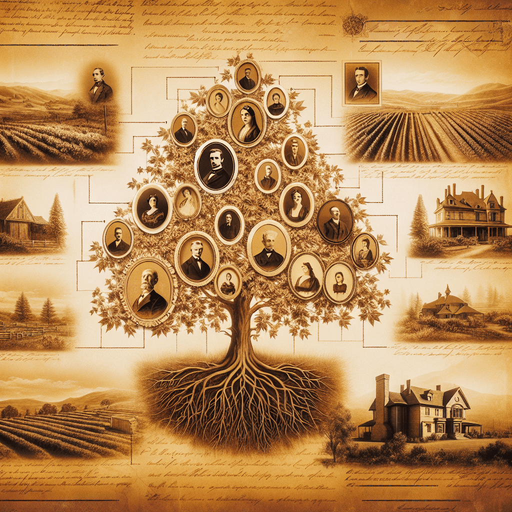 Create an image with a vintage, sepia-toned aesthetic that symbolizes the concept of family ancestry and genealogy. The art should evoke feelings of heritage and history, and it should remind one of perusing through an old family album. It can include elements such as an antique, intricate family tree, vintage manuscripts and antique maps without any text on them. Other elements that can add to the nostalgic and historical ambience are aged handwritten letters, without any visible content, historical landscapes with rolling farmlands, ancient trees and distant mountains; or grand old estate homes showcasing the architectural styles of a bygone era. Remember, for this image, there must not be any text, brand names or logos included. The entire imagery should radiate a warm nostalgic aura.