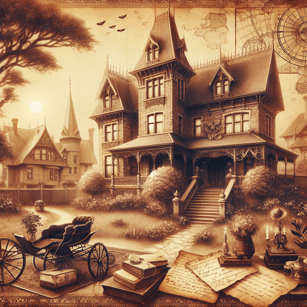 Generate a vintage, sepia-toned image that evokes a feeling of history and heritage, reminiscent of an antiquity. The image should be rich in elements related to family ancestry and genealogy, such as intricate family trees, vintage documents like old parchment papers, antique world maps, old handwritten letters exchanged between relatives and historical landscapes that embody the passage of time. Capture atmospheric scenes of old estate homes that narrate a tale of generations. Infuse the image with a warm nostalgic aura, reminiscent of the sentimental journey one embarks upon while rifling through a well-kept, old family photo album. The image should not include any text, brand names, or logos.