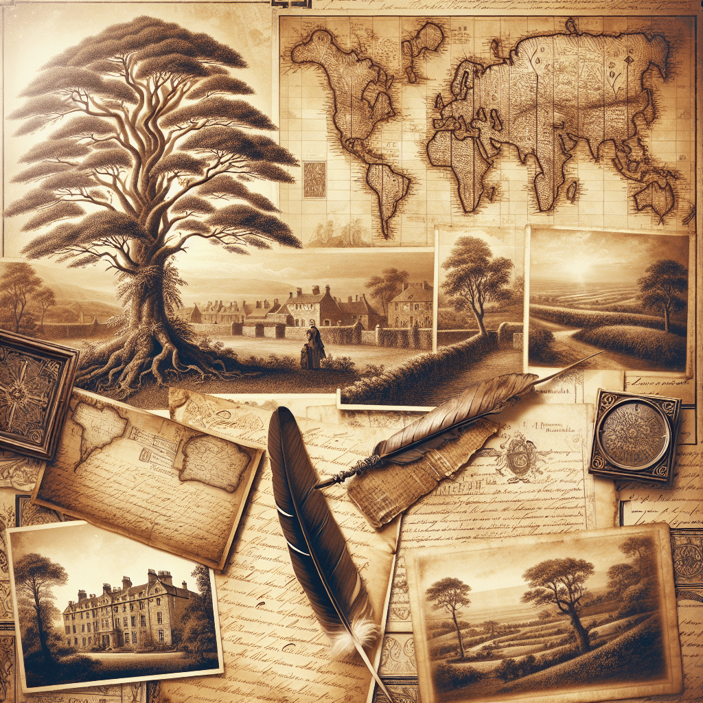 Create an antique-inspired, sepia-toned illustration that induces a warm, nostalgic sense of history and heritage. The image should include visual elements associated with family history and genealogy but should not contain any text within the image or on any items in the image. Focus on elements such as an old, sprawling family tree in intricate detail, vintage documents spread neatly with evidences of being well-preserved, antique world maps delicately wrinkled with usage, old handwritten letters inscribed with an ornate feather quill, historical landscapes featuring rolling grassy hills and stunning skyline, or old estate homes designed in period architecture. Capture the style reminiscent of flipping through the pages of an old family album, full of memories and chronicled history, without any brand names or logos. Emphasize the sepia tones to enhance the vintage, old-world charm of the scene.