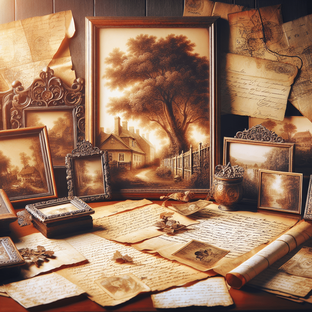 Illustrate a vintage, sepia-toned image that represents ancestry and genealogy exploration. The scene is filled with items that reflect a rich heritage: an antique map that hints at far-off origins, a vintage, ornate family tree unfurled on a polished wooden table, old handwritten letters with beautifully crafted penmanship sprawled across them, historical landscapes captured in small, worn-out photographs, and an impression of an old estate home. It should feel heart-warming, reminiscent of leafing through an aged family album. Specifically, no text, brand names or logos should appear anywhere in this image. It should be a silent yet profound narrative of a family's history.