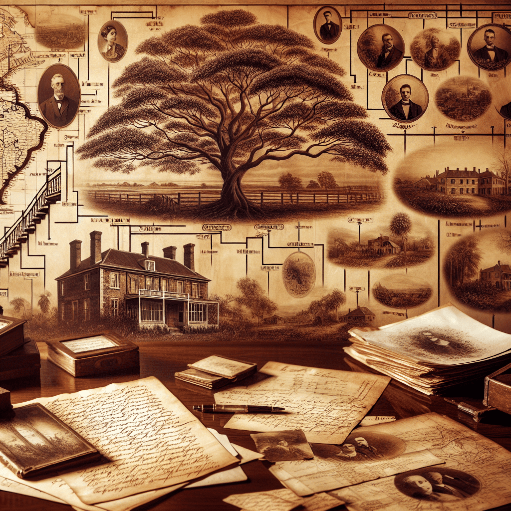 Create a vintage, sepia-toned image reflecting the theme of family lineage and genealogy. The scene includes elements of heritage and history, such as an intricately drawn family tree dating back several generations, vintage documents scattered across a mahogany table, an antique world map denoting family migration, and faded handwritten letters filled with ancestral stories. Mix in visuals of historical landscapes, perhaps from different parts of the world to indicate travel or migration. Further, include the perspective of an old estate home, symbolizing the family’s root. Combine all elements in such a way that viewing the image is akin to flipping through an old, lovingly preserved family album.