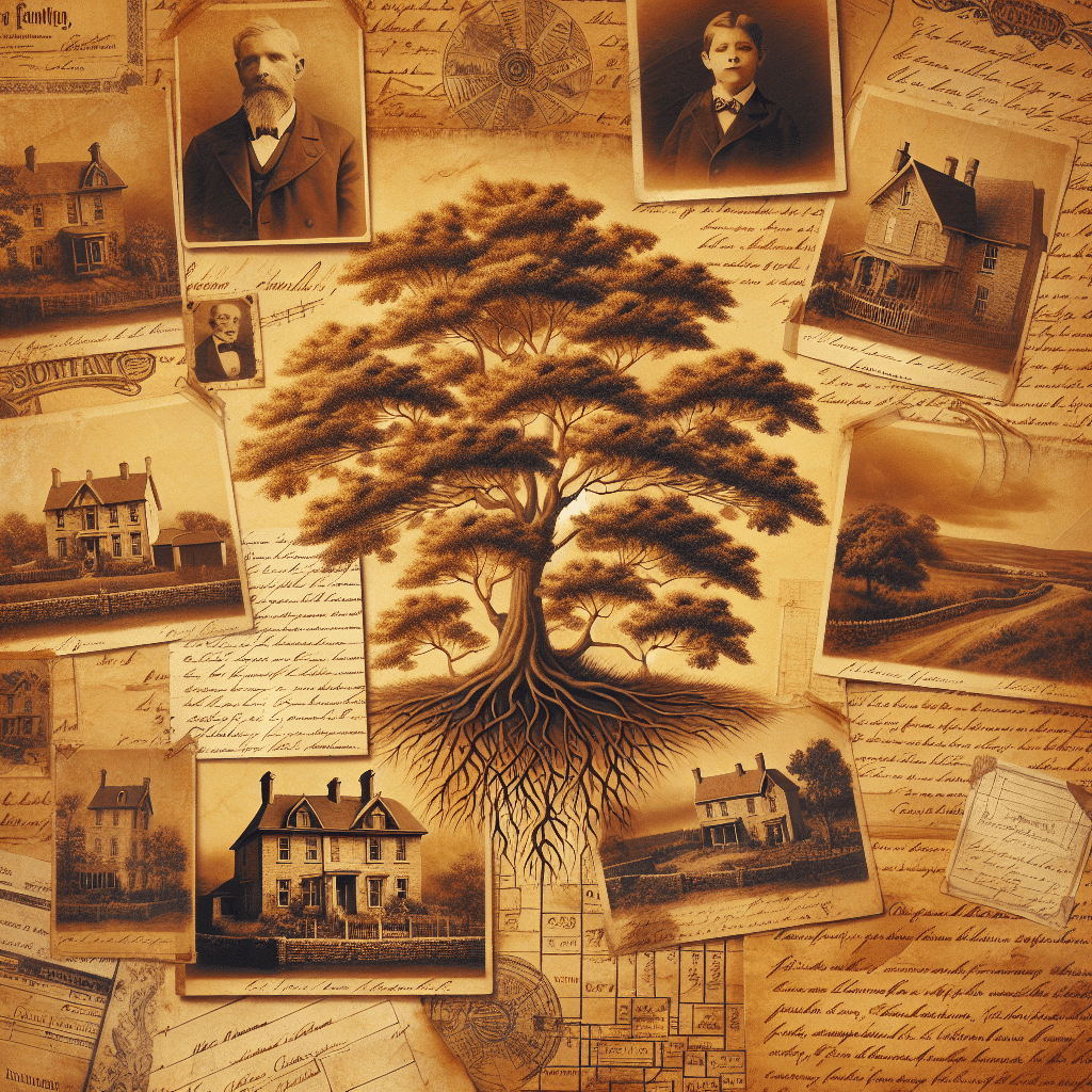 Generate a vintage, sepia-toned image that conveys the theme of family ancestry and genealogy. The image should evoke a feeling of heritage and history. It must incorporate elements of old family trees, vintage documents, antique maps, old handwritten letters, historical landscapes, and old estate homes. The overall feel of the image should be warm and nostalgic, akin to the emotion experienced when going through an old family album. Please refrain from including any text within the image or on items in the image. Also, ensure that there are no brand names or logos present.