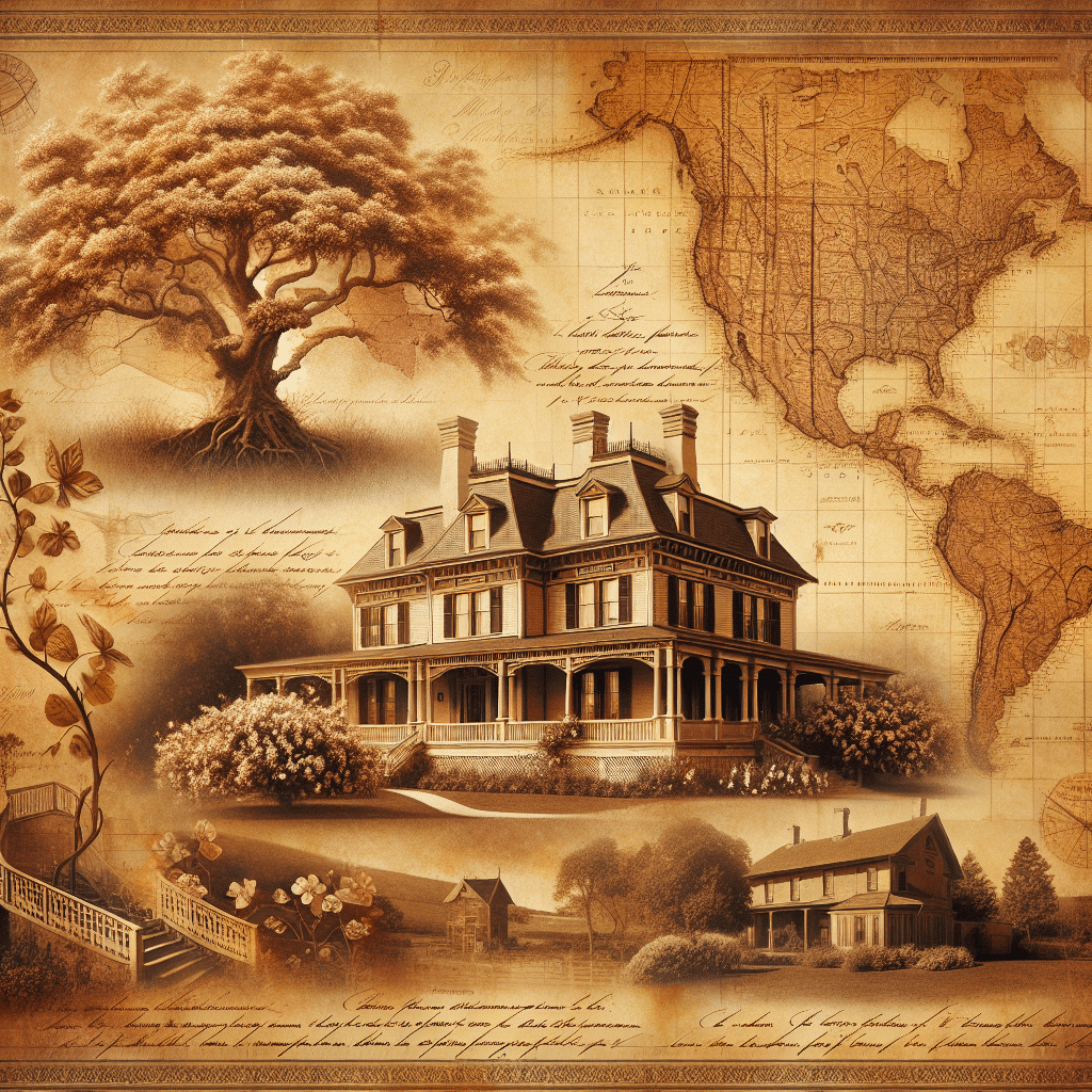 Create an antique sepia-toned image that evokes the historic charm and depth of a family's lineage. The image should reflect elements associated with genealogy and heritage, such as intricate and weathered family trees accompanied by old, crinkled documents laced with beautifully cursive handwriting. Incorporate details of antique world maps implying distant origins, and blooming landscapes brimming with rustic charm to suggest ancestral domiciles. Include old estate homes, characterized by their historical architectural designs and well-aged grandeur. The overall feel of the image should be warmly nostalgic, akin to the experience of browsing through an age-old family album. Ensure no text, brand names, or logos are visible within the image.