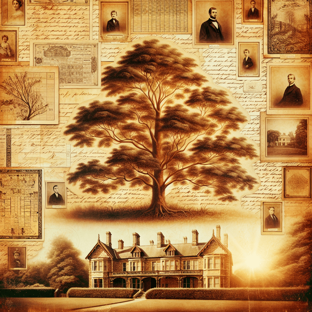 Generate a detailed vintage image capturing the essence of family ancestry and genealogy. The composition should exhibit a warm, nostalgic tone, steeped in sepia hues, which mimic the experience of flipping through an ancient family album. Feature elements like a beautifully aged family tree, vintage documents void of text, antique maps void of text, and old, text-free handwritten letters. Further add depth to the historical atmosphere with the inclusion of elegant historical landscapes in the background and age-old estate homes. These elements should all be carefully blended together to evoke a sense of ancestral heritage and history, without the inclusion of any brand names, logos or text.