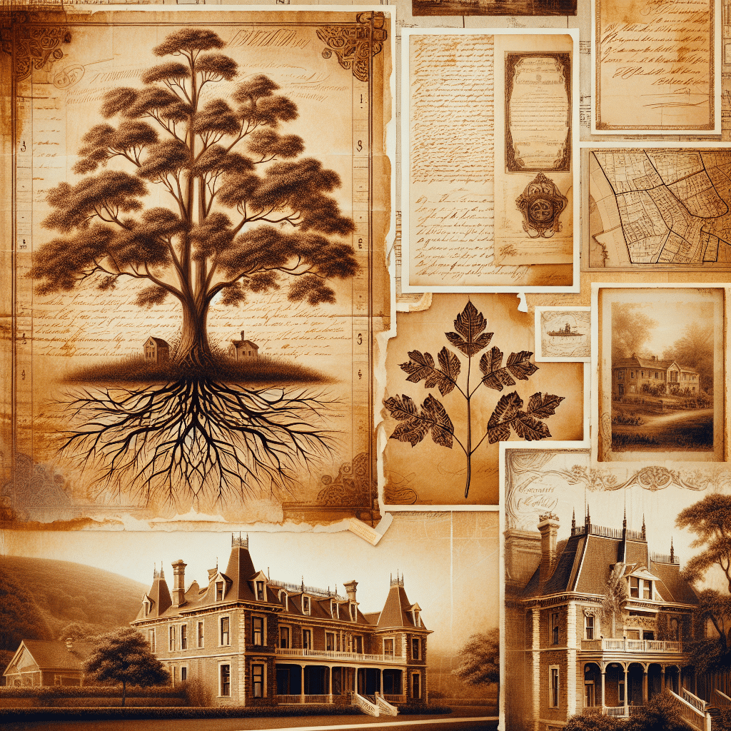 Create a vintage, sepia-toned image that conveys a sense of heritage and history. The composition should include elements like an old family tree depicted with intricate branches representing generations, vintage documents appearing noticeably aged and worn from years of preservation, an antique map with faded geographic outlines, and old handwritten letters with delicate calligraphy. Also, incorporate landscapes that look historical with vintage architectures and old estate homes embodying the grandeur of the past. The entire scene should exude warm and nostalgic feelings akin to perusing through an old family album. Do not embellish the image with any text, logos or brand names.