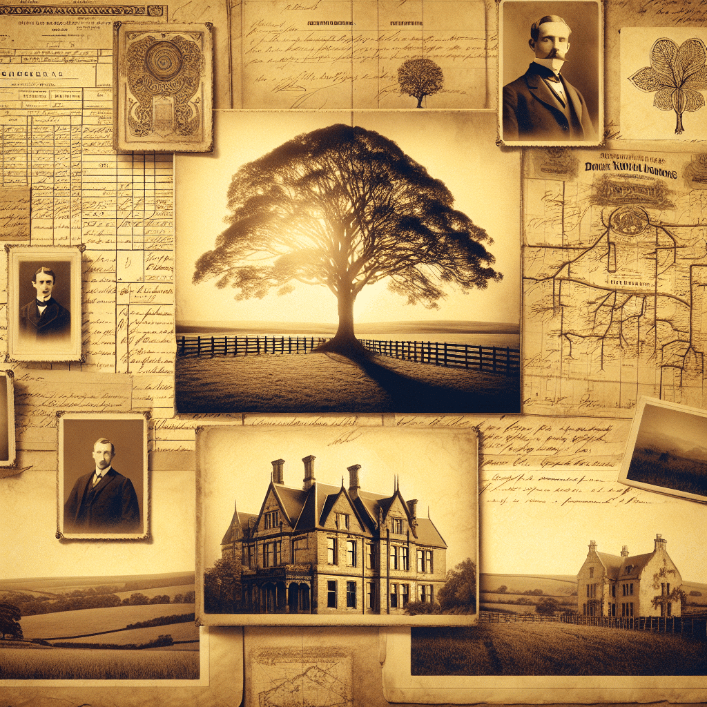 Create a vintage, sepia-toned image that evokes a feeling of heritage and history, reminiscent of old family albums. The image should include elements commonly associated with family ancestry and genealogy, such as an old family tree, vintage documents like passports or records without any text, antique maps free of any labels or annotations, old handwritten letters without visible script, historical landscapes like rolling hills or farmland, and stately old estate homes. All these elements should contribute to a warm, nostalgic ambiance, reflecting the timeless journey of tracing one's lineage.