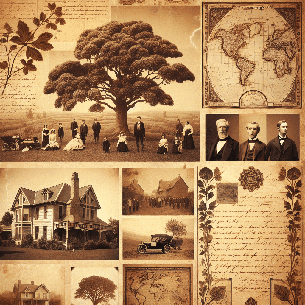 Create a vintage, sepia-toned image that evokes feelings of heritage and history, capturing the essence of ancestry and genealogy. The image should be reminiscent of browsing through an old family album, filled with a warm nostalgic aura. It should include indirect elements such as intricate family trees, aged documents, antique world maps, time-worn handwritten letters, historical landscapes, ancient trees, elaborate estate homes, and rustic scenes from the past. All text on these items must be indiscernible to keep the focus on the profound ambiance of the image. Ensure no brand names, logos, or any recognisable markings are present.