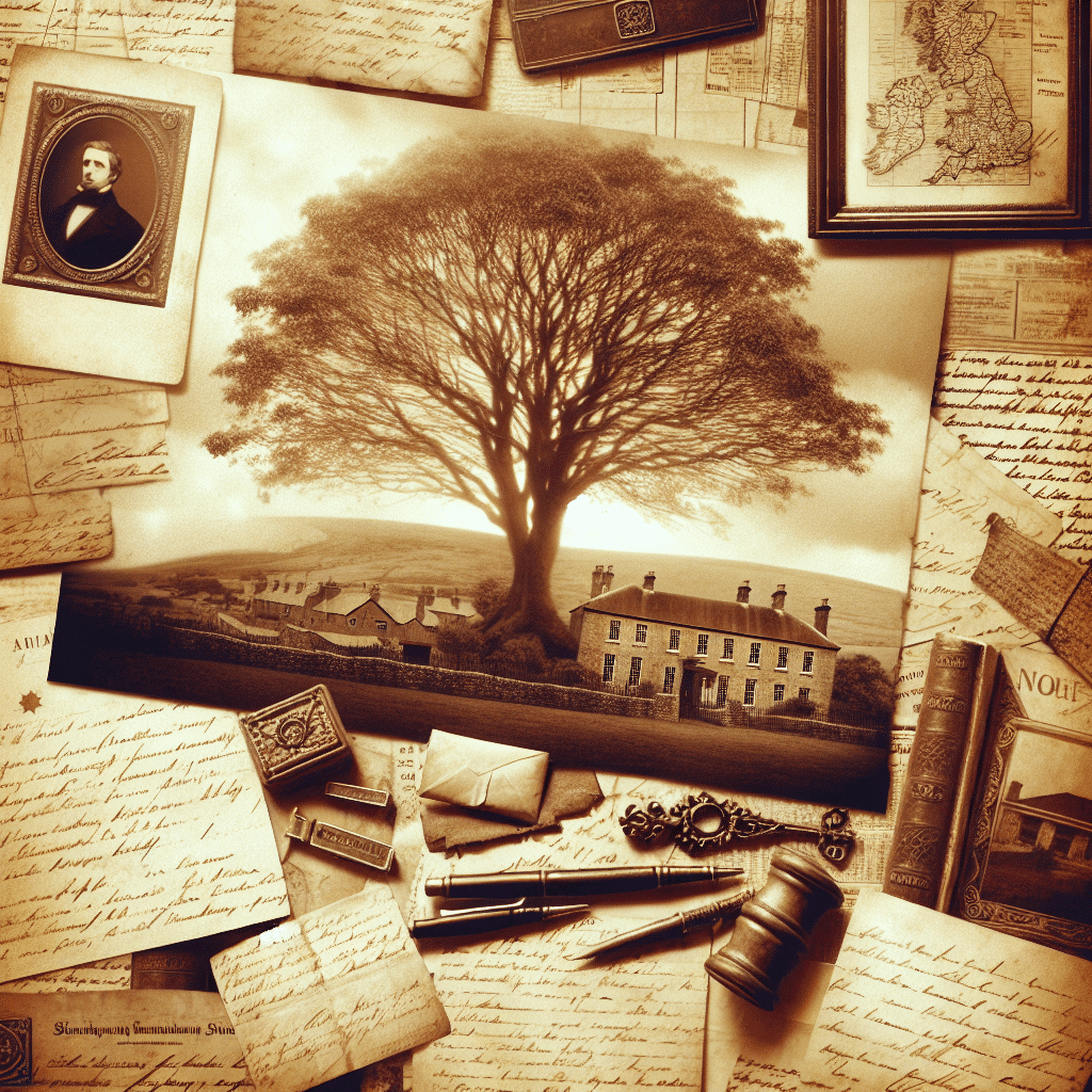Generate a sepia-toned image inspired by the theme of heritage and genealogy. Picture an ancient family tree, vintage documents void of any text, and antique maps scattered about. Add old handwritten letters with the writing blurred out so no text is visible. Complement these items with a historical landscape or two, perhaps a rolling hill or an old estate home, again with no identifiable markings or brands. Imagine flipping through an old family album and aim to evoke a warm nostalgic feel. Keep everything in a vintage, historical style, harkening to times past. Everything in the composition should radiate a feeling of deep ancestry and family lineage.