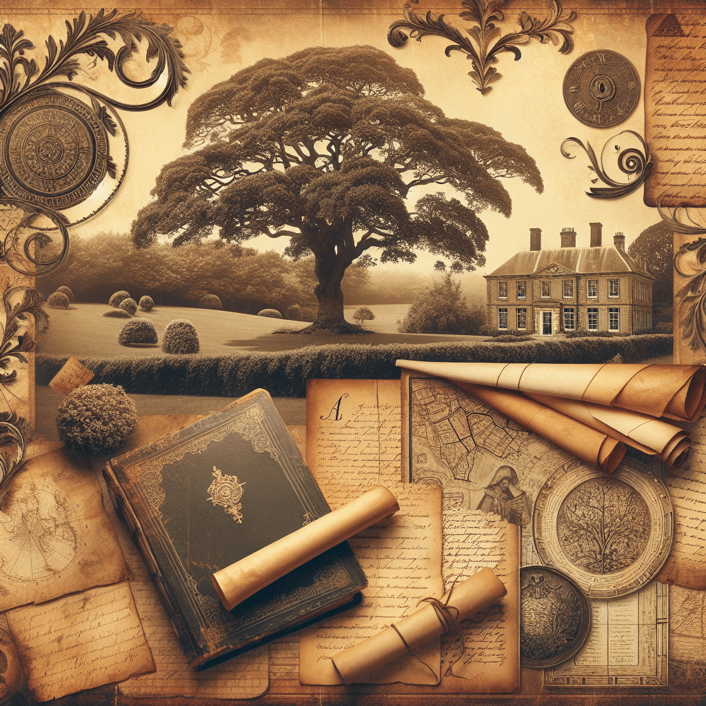 Create a vintage, sepia-toned image evoking a feeling of heritage and history. The composition should include elements synonymous with ancestry and genealogy like an aged family tree with sprawling branches, vintage scrolls rolled and unrolled, antique maps with worn-out edges, and old-fashioned handwritten letters with embedded creases. Add a historical landscape in the background and an old estate home nestled among lush trees and verdant lawns. Generate a warm, nostalgic aesthetic akin to browsing through an old family album. No text, brand names, or logos are allowed in the image.