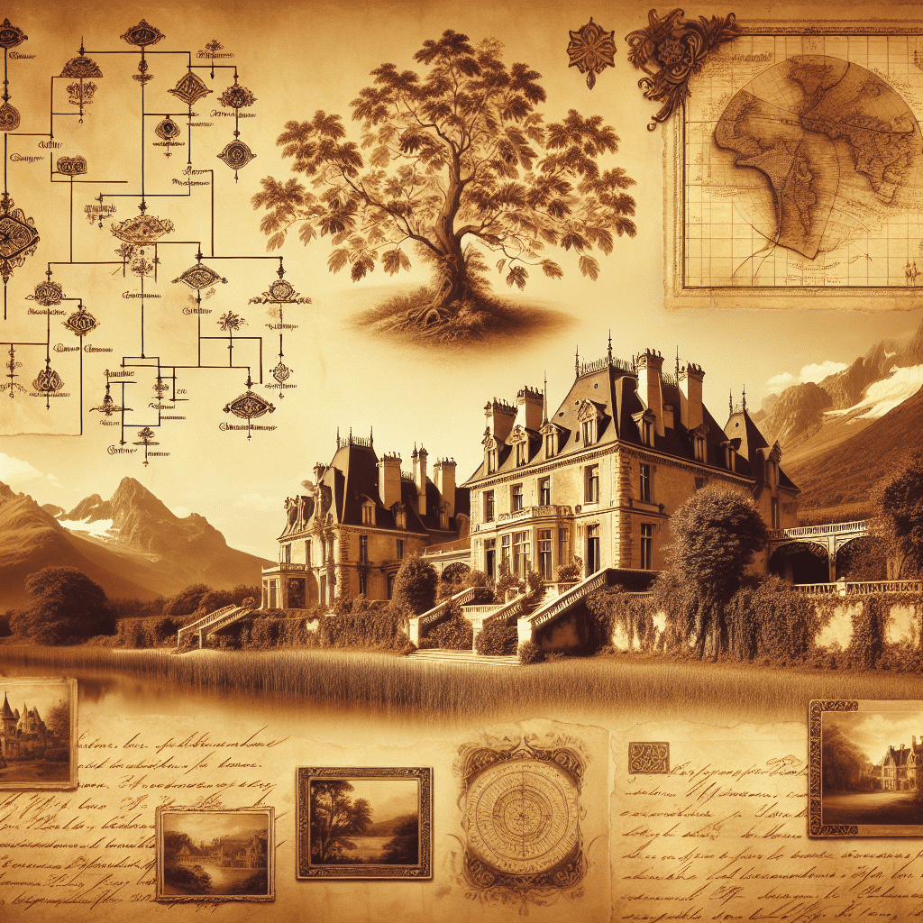 Generate a vintage, sepia-toned image that exemplifies the concept of family ancestry and genealogy. The image should inspire emotions of heritage and history. It should consist of elements like ancient family tree diagrams, vintage documents such as scrolls or ledgers, antique maps of continents or provinces, letters written eloquently in ink historically associated with personal communication, scenic landscapes depicting historical settings, or ancestral houses with architecture resembling old mansion estates. The feel of the image should be warm and nostalgic, bringing forth the sentiment of scouring through an old family album. Please exclude any text within the image, on any items in the image, and avoid including any recognized brand names or logos.