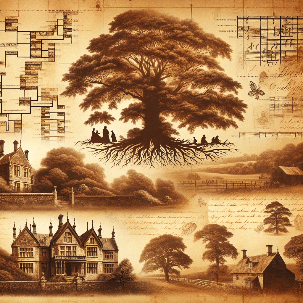 Create a detailed image that conveys a sense of ancestral lineage and heritage, designed in a vintage, sepia-toned color palette. The scene should include stylized elements of genealogy and family history, such as a broad, sprawling family tree with no particular names, worn-out documents without any text, and weathered ancestral maps. Additionally, include a historical landscape depicting serene old estates with characteristic architectural features, nestled among mature trees and antiquated countryside. The image should also feature old handwritten letters with unidentifiable script. The overall design should induce a warm, nostalgic feeling, like browsing through an old family album, exuding a profound connection to the past. No text, brand names, or logos should be contained within the image.