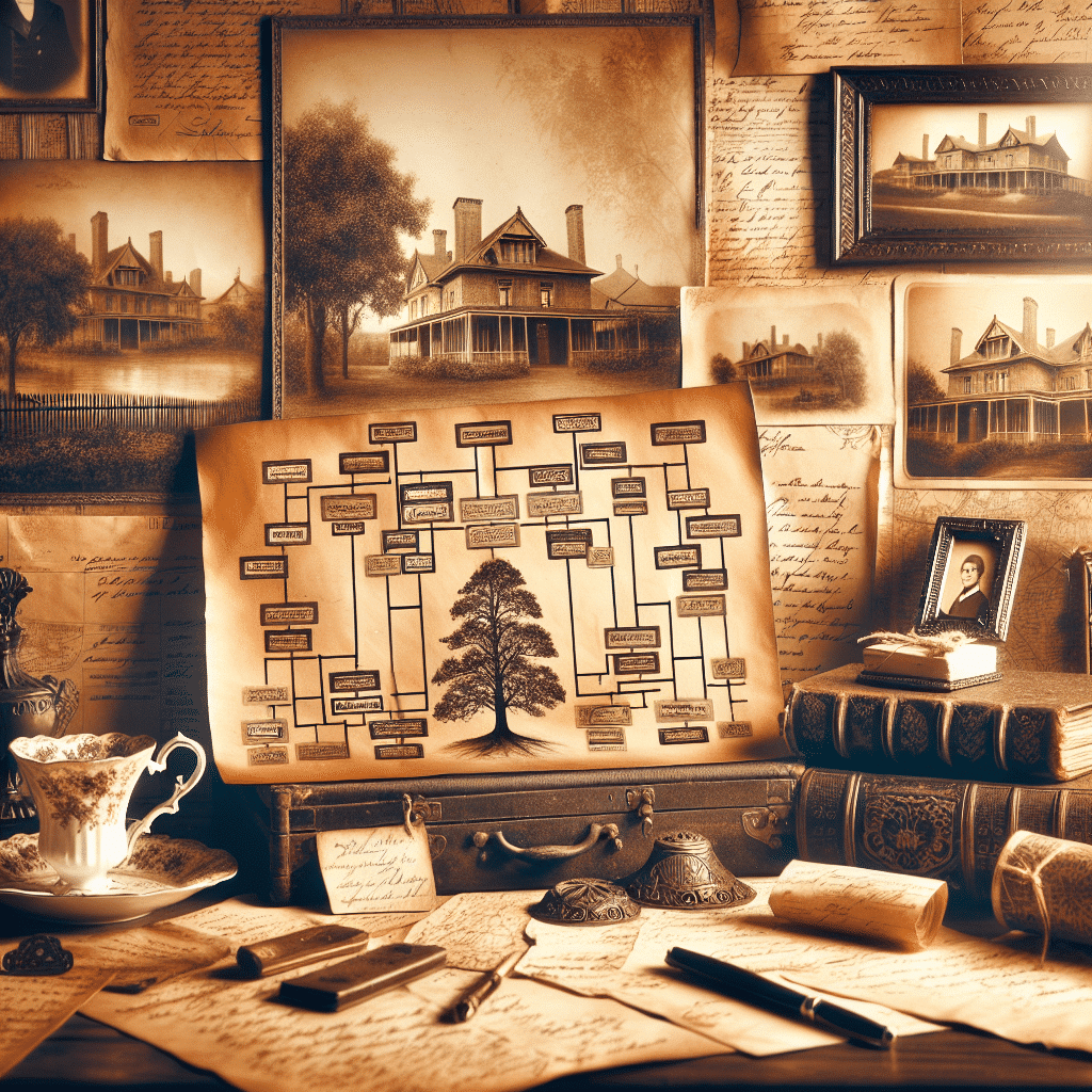 A vintage, sepia-toned image that seeks to evoke feelings of heritage and history. The primary focus should be composed of elements linked to family ancestry and genealogy, such as an intricately designed old family tree, vintage documents scattered around the table, antique maps showing places of origin, and old handwritten letters signifying communication between the ancestors. An aesthetic backdrop of historical landscapes, possibly featuring old estate homes, adds to the context. The overall image should serve the warm and nostalgic feel of browsing through an old family album. There should be strictly no text, brand names or logos within the image, nor on any items.