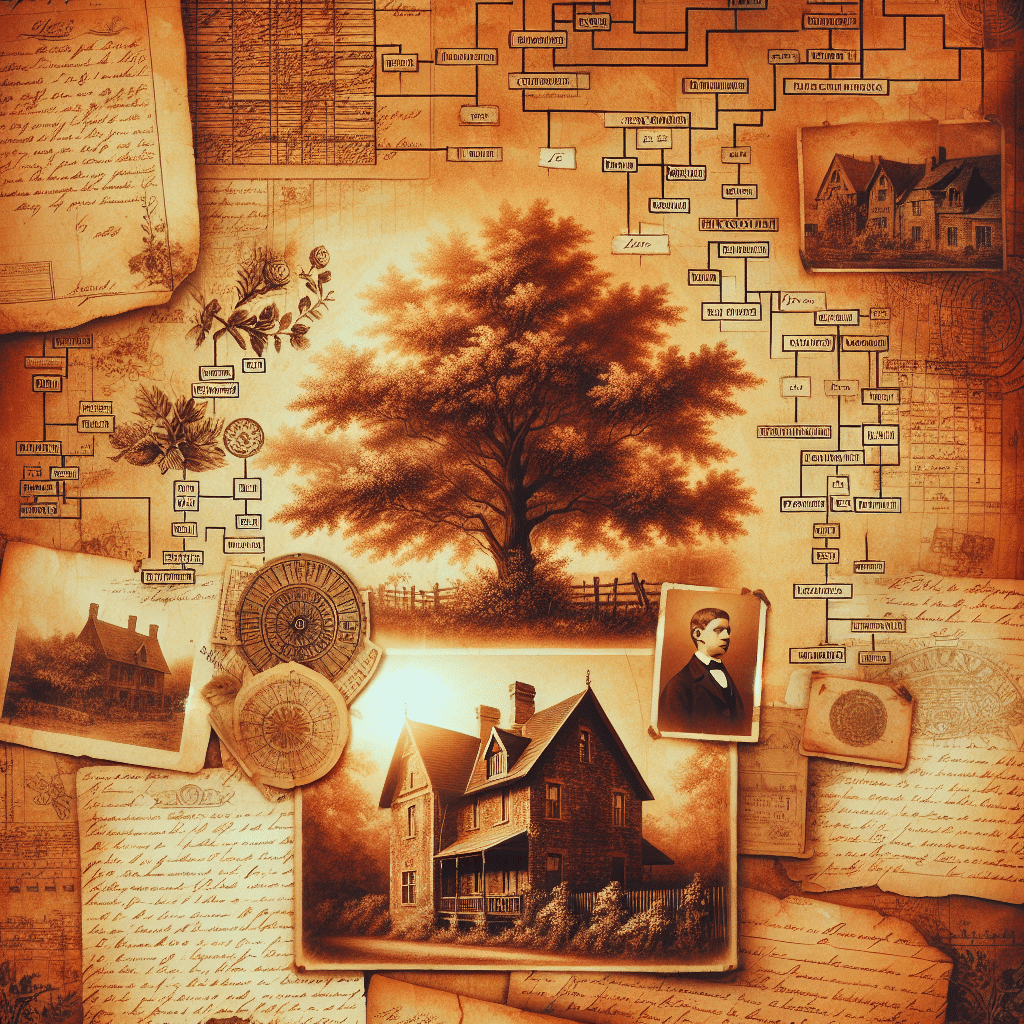 Generate a vintage, sepia-toned image that symbolizes family heritage and the study of ancestry, perfect for portraying the concept of the article about ancestral family lines. The image should contain visual elements such as an antique family tree, vintage documents without any text, an old map void of text, and old handwritten letters without any identifiable words that adds to the nostalgic ambiance. Imagine historical landscapes such as a countryside scene or an aged brick and wood estate home, adding a sense of deep-rooted history. The feel should be warm and nostalgic, akin to browsing through an old family album. Ensure no text or brands are visible in the image.