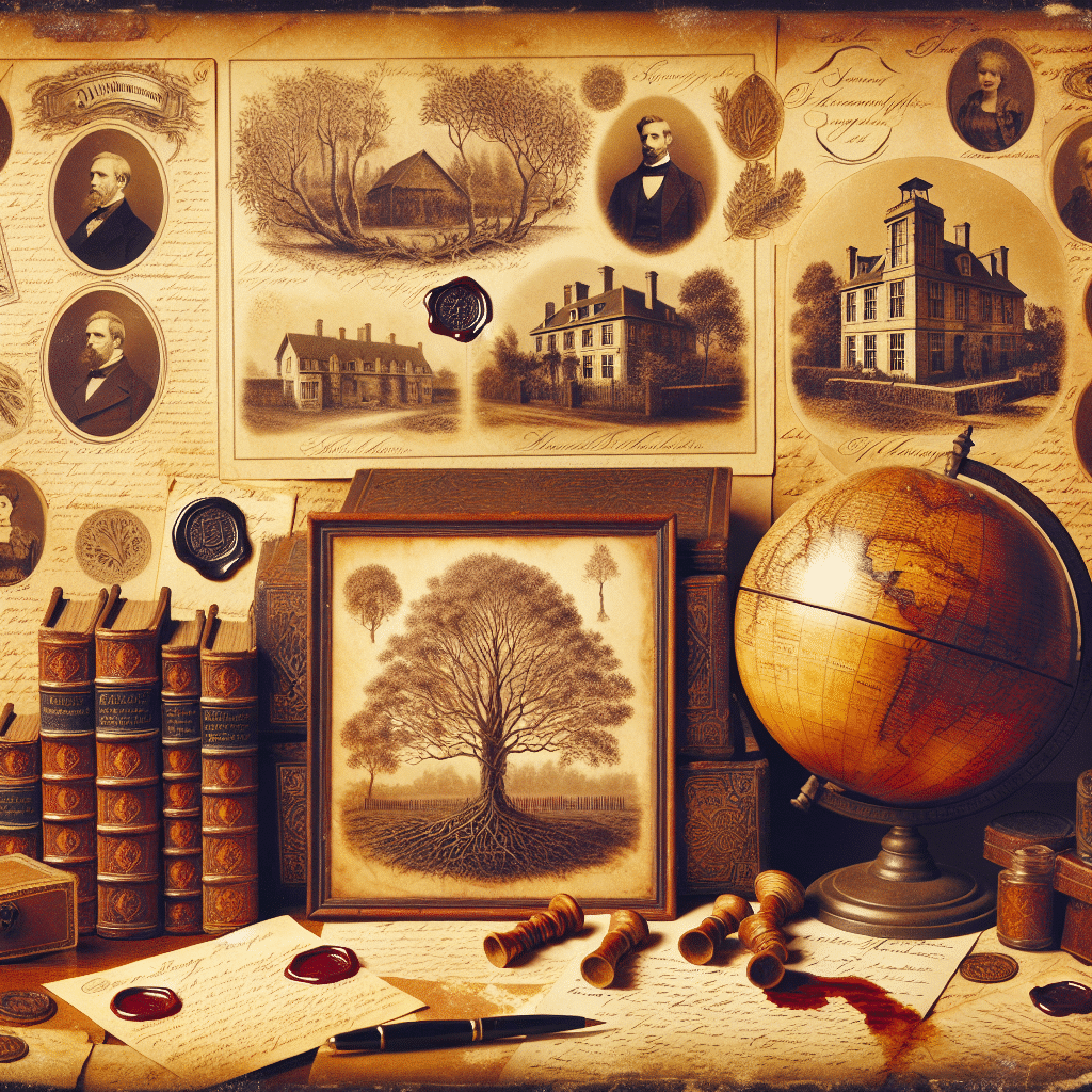 Generate a vintage, sepica-toned image that encapsulates the concept of family ancestry and genealogy. The image should center around items often found in the study of ancestry, such as intricately drawn family trees, vintage paper documents, antique globes devoid of modern markings, faded handwritten letters with wax seals, ethereal historical landscapes, and antiquated estate homes with mature nature around them. The overall atmosphere should be warm and nostalgic, akin to delving into an old, dust-covered family album. Please note that no text, brand names or logos should be included in the image.