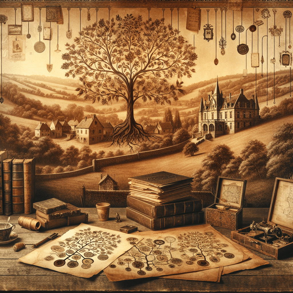 An aged, sepia-toned rendering evoking a sense of ancestry and lineage, featuring thematic elements like an elaborate family tree with carefully woven branches, vintage-inspired documents with faded edges, an antique map with intricate details and a representation of an old, noble estate house, all scattered organically across a worn-out wooden table. The landscape in the background unfolds a panoramic view of historical scenery with rolling hills, old world charm of stone and brick houses tucked in the verdant valley interspersed with mature, sprawling trees. The scene should emanate a warm nostalgic feel, reminiscent of browsing through an old family photo album.