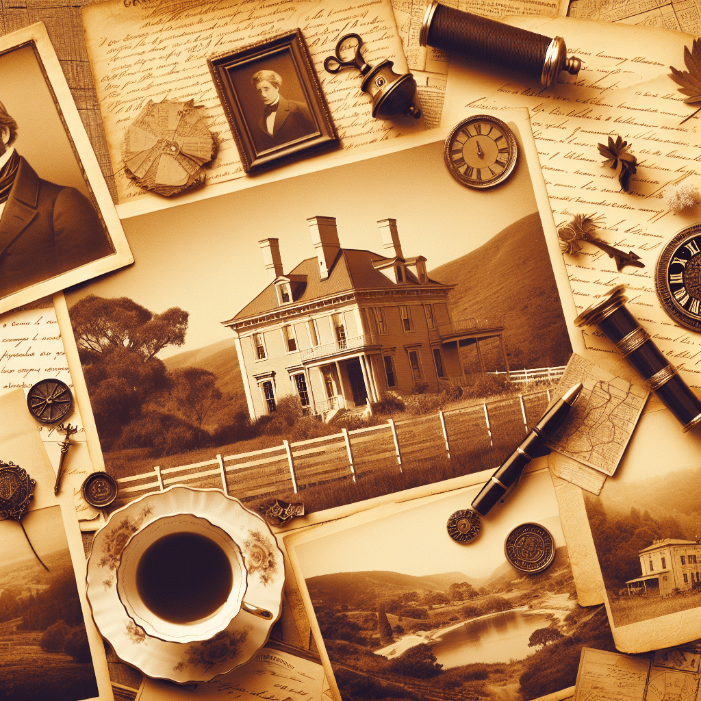 Create an image in a vintage, sepia tone that evokes feelings of heritage and history, reminiscent of old family trees and ancestry. It should include visual elements such as vintage documents without text, antique maps without identifiable locations, old handwritten letters without legible script, and historical landscapes. It might also feature a representation of an old estate home. It should have a warm, nostalgic feel, like looking through an old family photo album. Make sure the image is free of any brand names or logos.