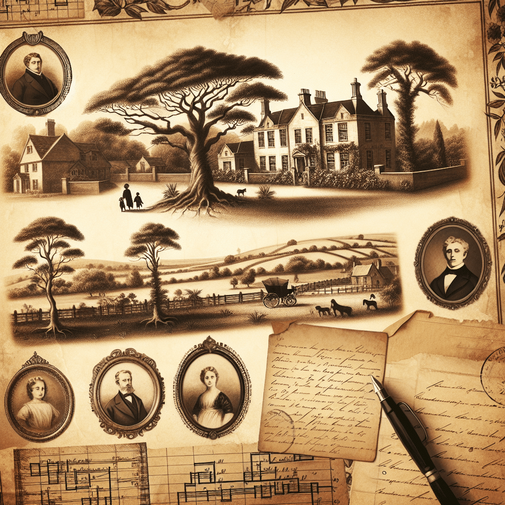 Draw a vintage sepia-toned family history-themed image that evokes a sense of heritage. The composition should represent elements of genealogy and ancestry, but without using text or recognizable branding. The focus should be on symbols of lineage such as illustrated family trees with room for unnamed faces, historical landscapes perhaps showing countryside scenes, vintage documents like unlabelled parchments, disenfranchised antique maps, and old, unmarked handwritten letters. Throw in aspects of homely heritage like a depiction of an old, elegant estate home in the background. The overall atmosphere should feel like flipping through an old family album, rich in warmth and nostalgia.