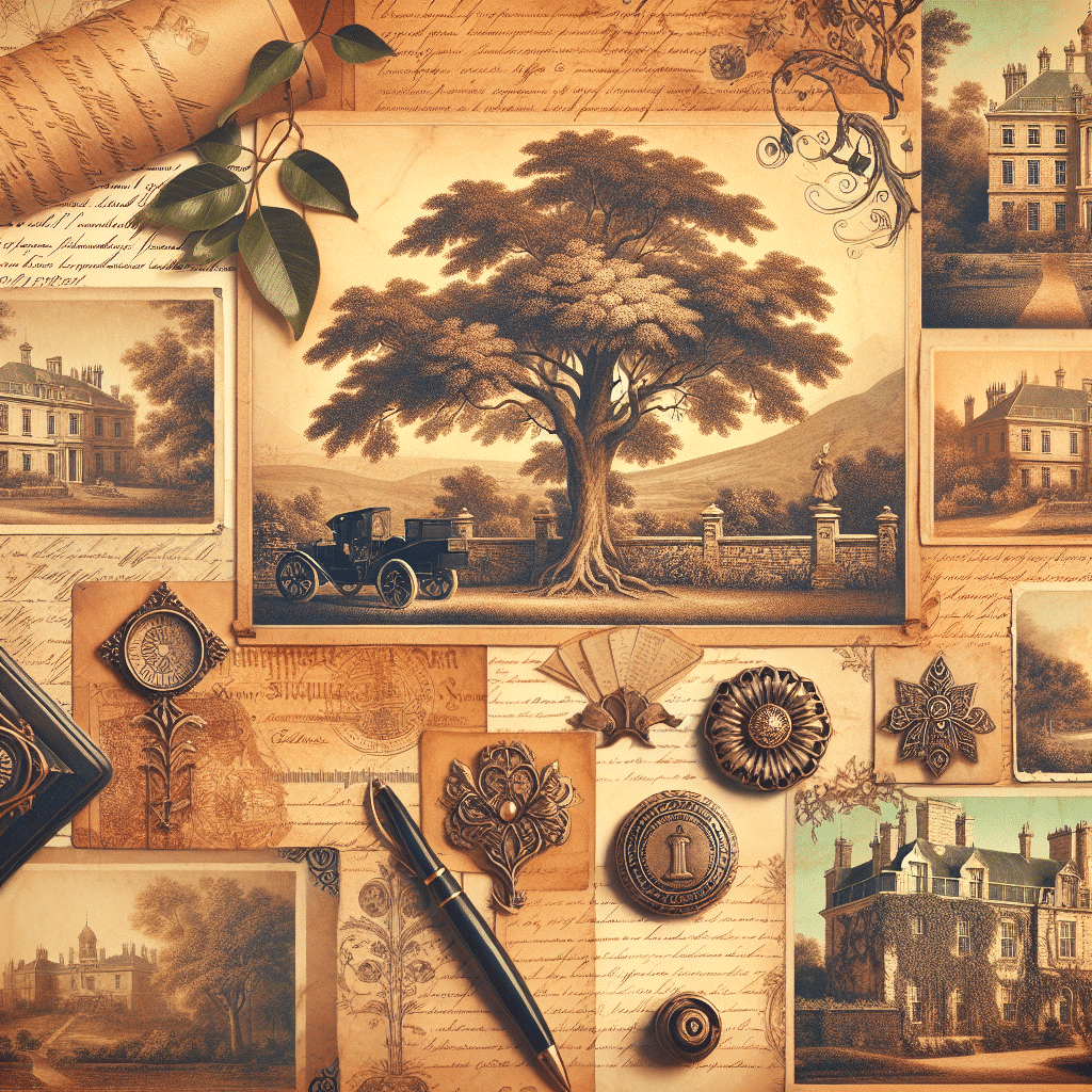 Create a vintage, sepian image that represents the essence of family ancestry and heritage. The image should include elements like aged family trees, antique documents and maps, handwritten letters from bygone times, visually historic landscapes, and old manorial estates. The elements should be arranged cohesively, resembling an old family album, evoking a sense of nostalgia and passing generations. The colors should be mellow and warm, like old photographs. Avoid including any kind of text or branded elements in the image. Only use such elements that don't bear any brand names, logos, or explicit textual information.