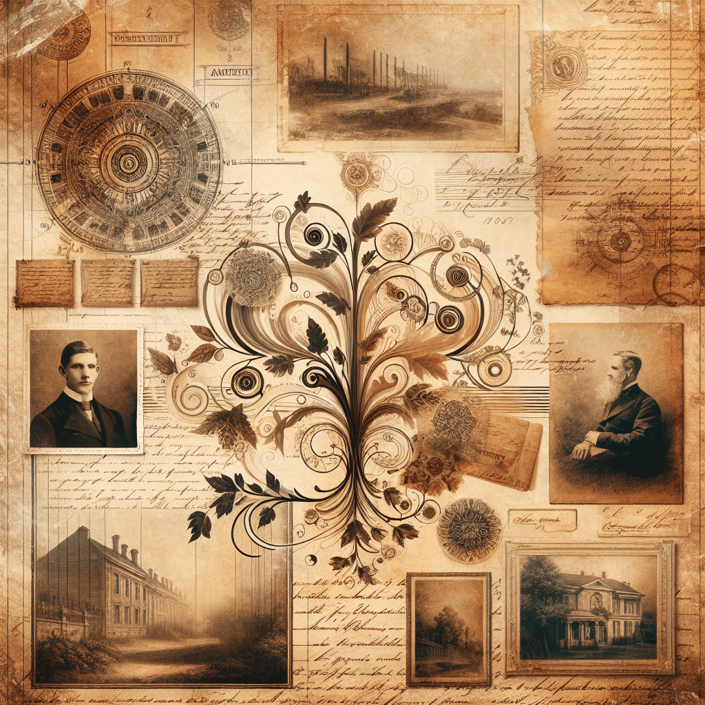 Generate an image that is reminiscent of yesteryears and heritage. Start with an aged, sepia-toned background, then layer it artistically with faded depictions of an antique family tree and vintage documentation. This should be complemented by an antique map that symbolizes their journey. Next, create an impression of old handwritten letters without any specific text, just the visual of ornate curling scripts. Immerse this composition with elements of historical landscapes and soft indications of old estate homes. The overall aesthetic should emit warmth and provide a nostalgic feeling akin to browsing through an ancient family album.